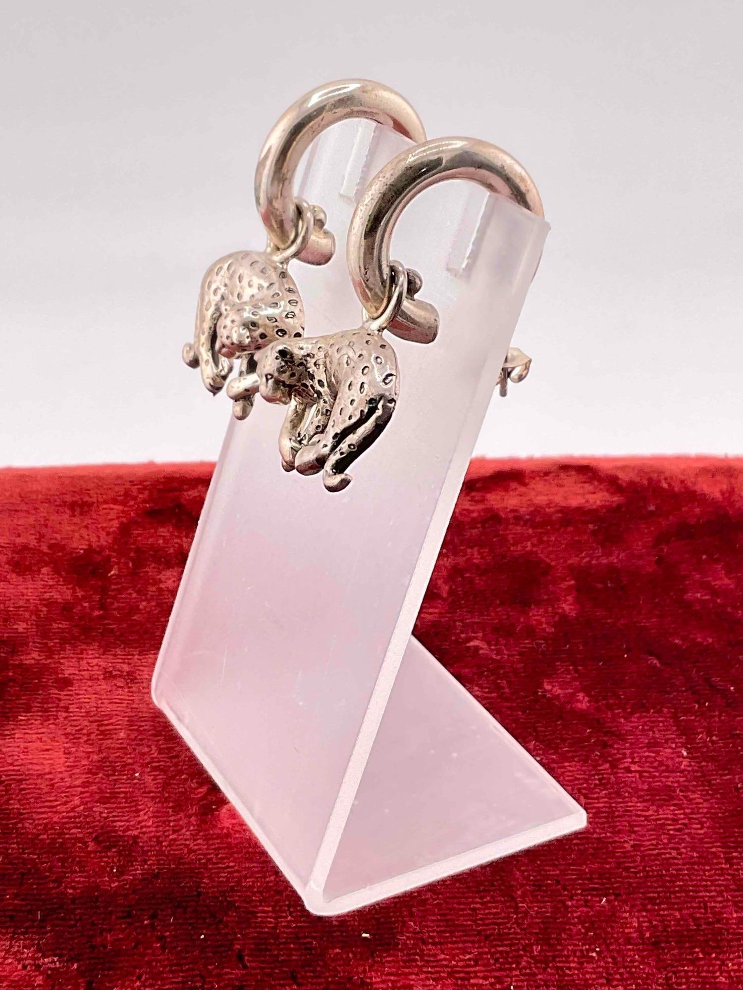 Vintage Carol Felley Sterling Silver Hoop Earrings w/ Leopard Design. See pics. - 2