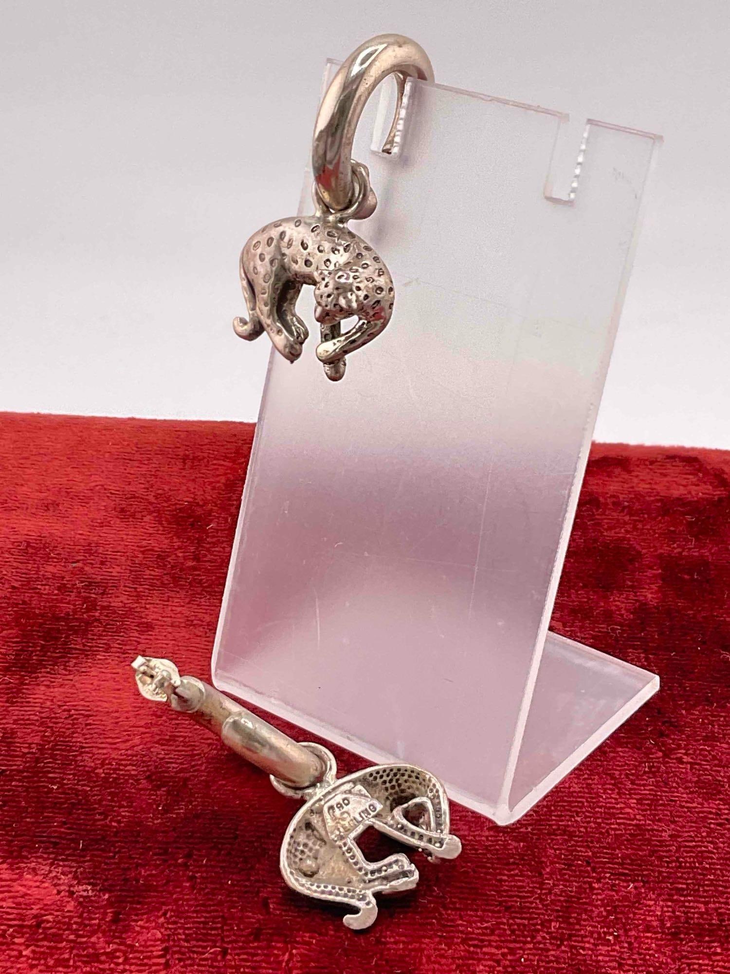 Vintage Carol Felley Sterling Silver Hoop Earrings w/ Leopard Design. See pics. - 3