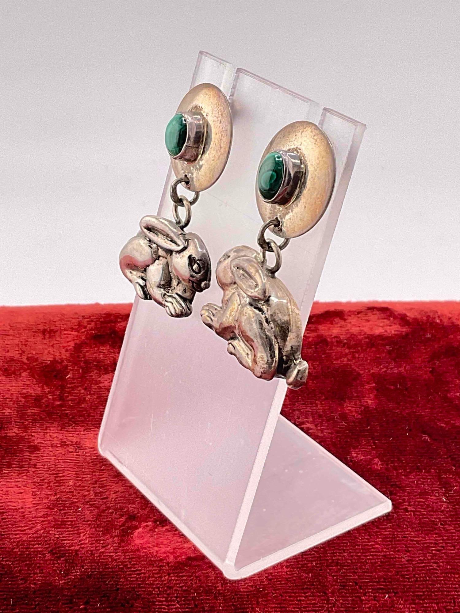 Vintage Carol Felley Sterling Silver Drop Earrings w/ Rabbit Design & Malachite Toned Setting. - 2