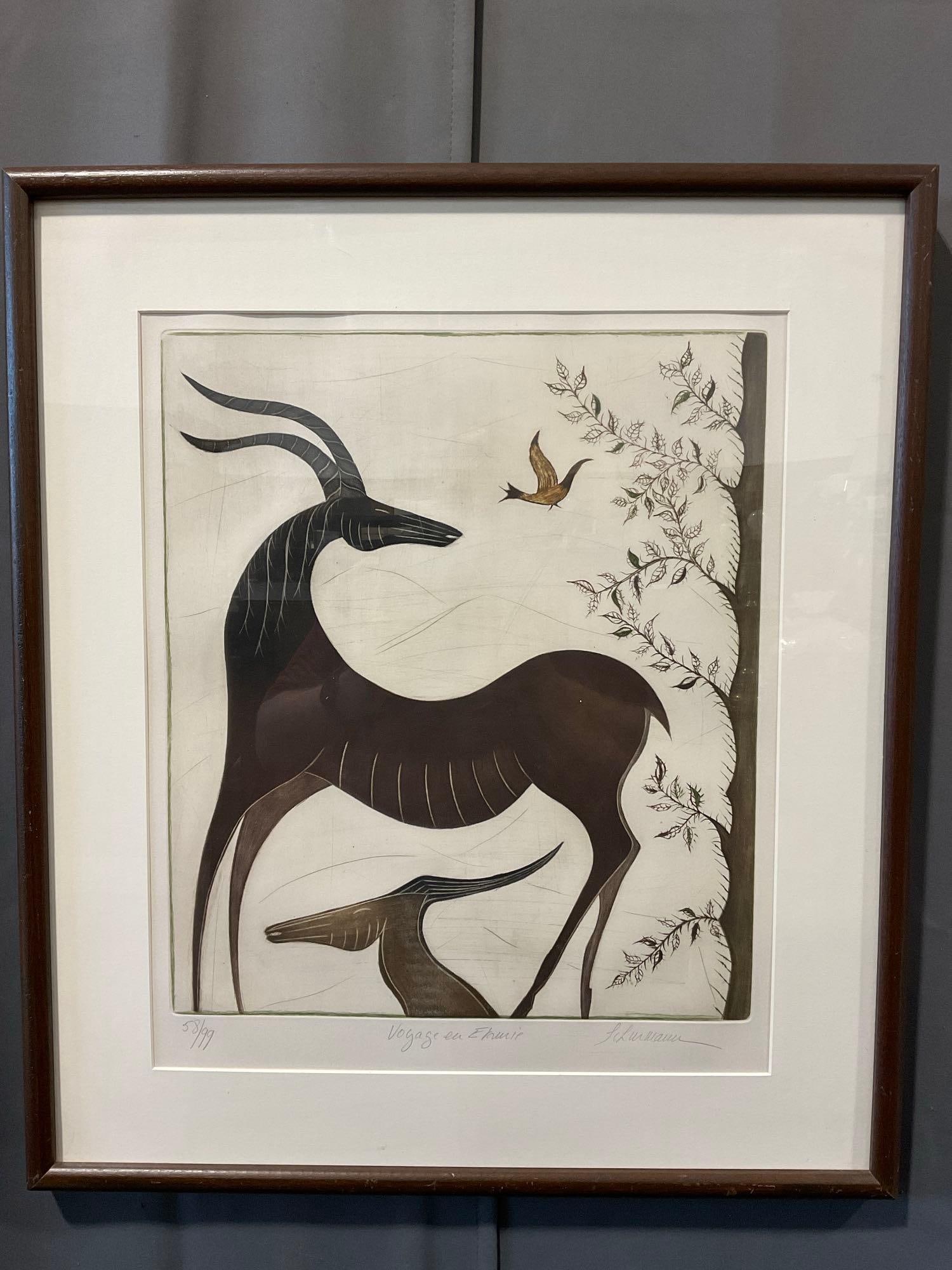 Framed Lithograph, Signed & #d 58/99, titled Voyage eu Etrurie by Schumann, 29x25, Antelope drawing: Appears to be in good shape. The piece measures approx 29h x 25w x 3d inches. See pics. E-6080