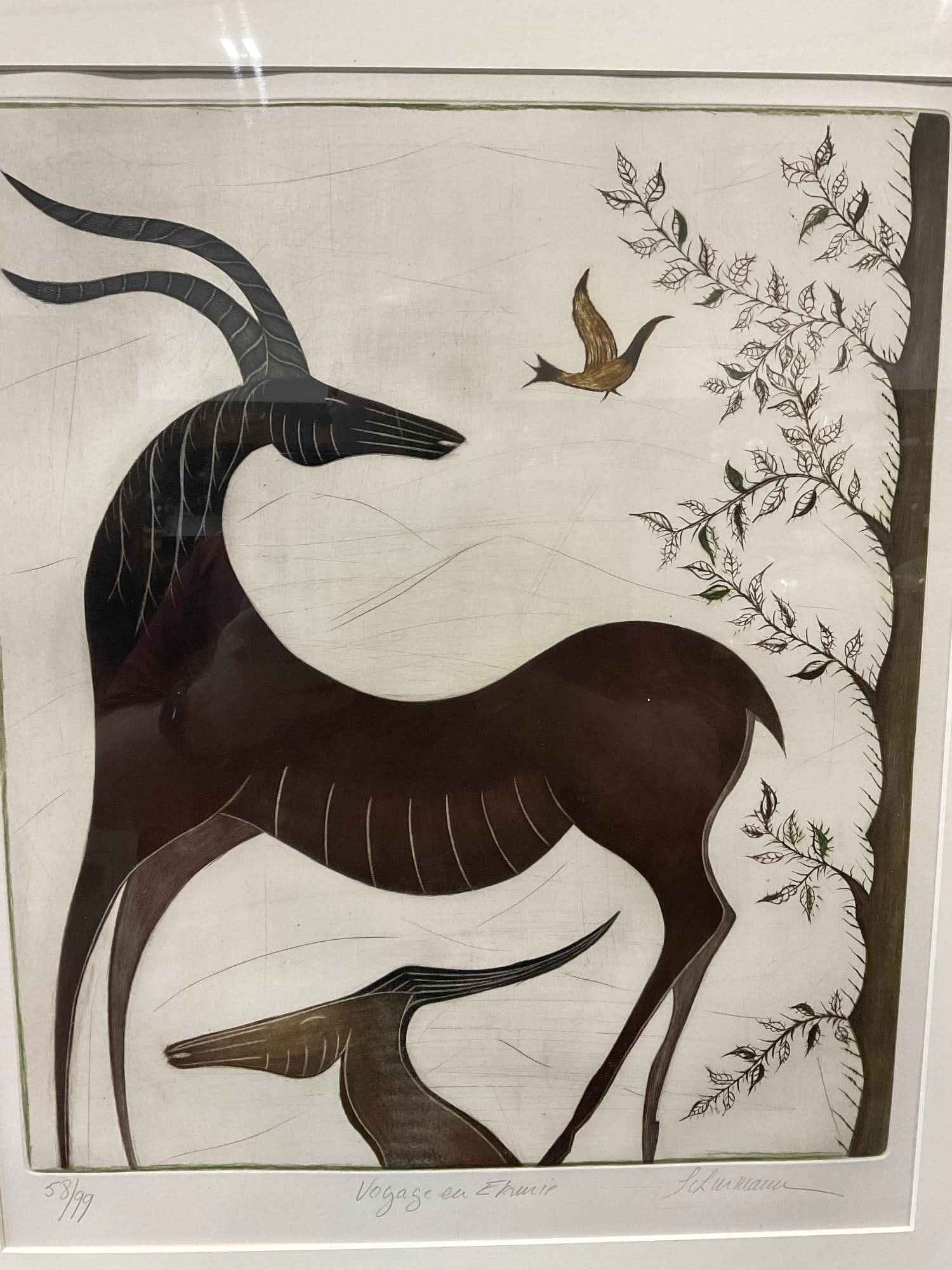 Framed Lithograph, Signed & #d 58/99, titled Voyage eu Etrurie by Schumann, 29x25, Antelope drawing - 2