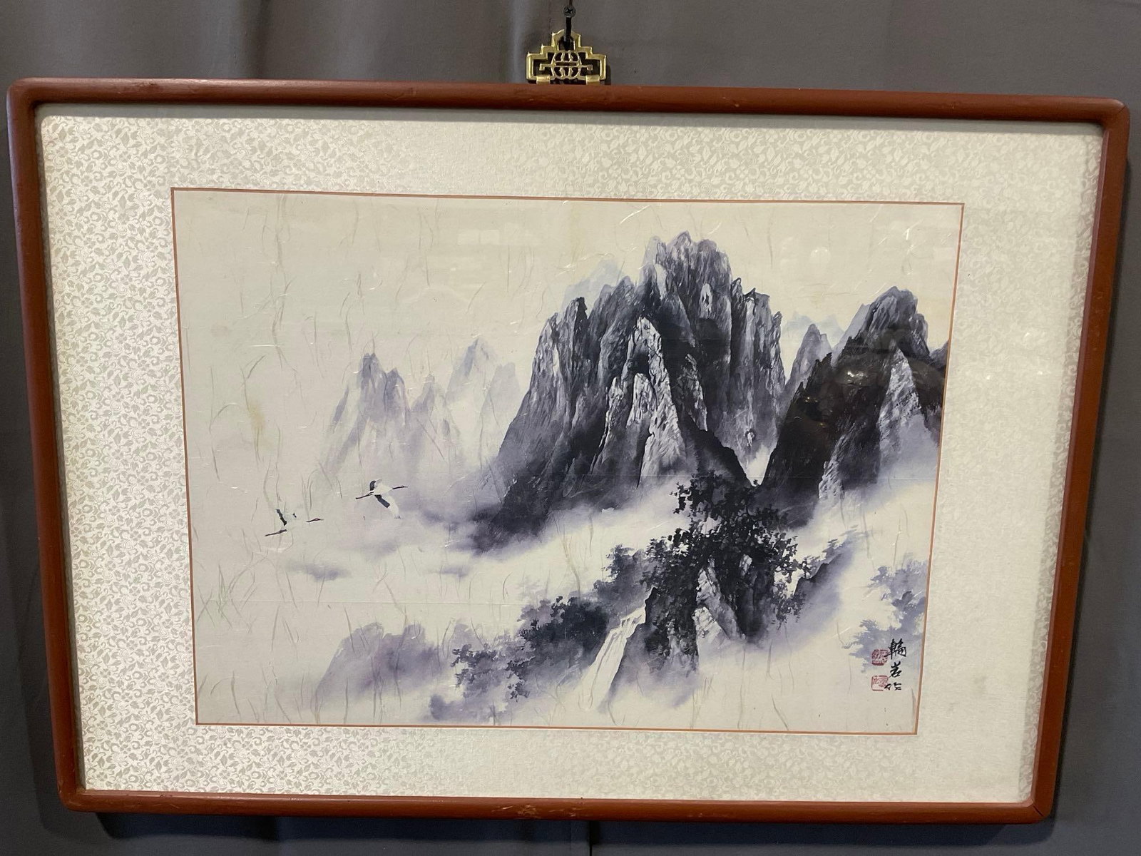 Framed Korean Watercolor, titled Hon Kil, Vintage Mountain Scene, 22h x 29w x 3d inches: Appears to be in good shape. The piece measures approx 22h x 29w x 3d inches. See pics. E-6080