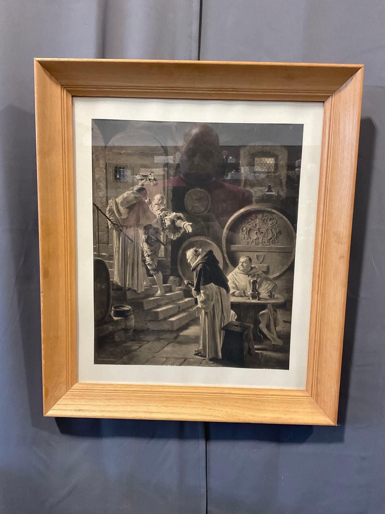 Framed Litho 1896, Monks in the Wine Cellar by Franz Hantstaengl, 29h x 25w x 4d inches: Appears to be in good shape. The piece measures approx 29h x 25w x 4d inches. See pics. E-6080