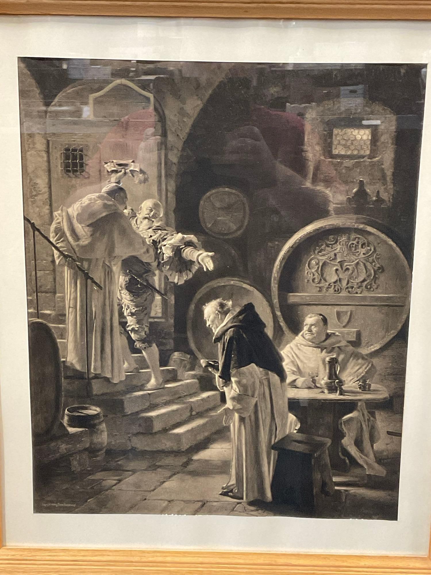Framed Litho 1896, Monks in the Wine Cellar by Franz Hantstaengl, 29h x 25w x 4d inches - 2