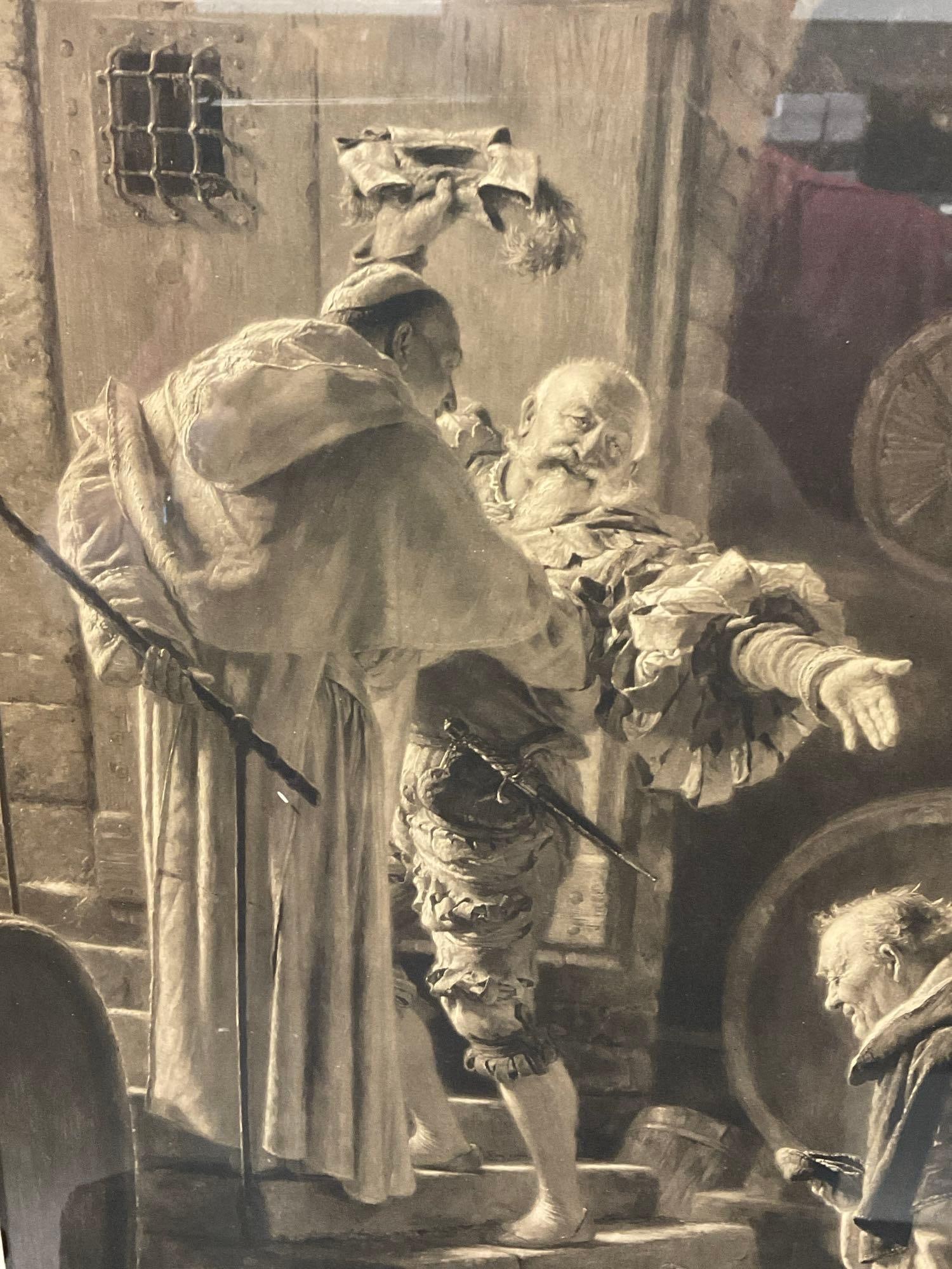 Framed Litho 1896, Monks in the Wine Cellar by Franz Hantstaengl, 29h x 25w x 4d inches - 3