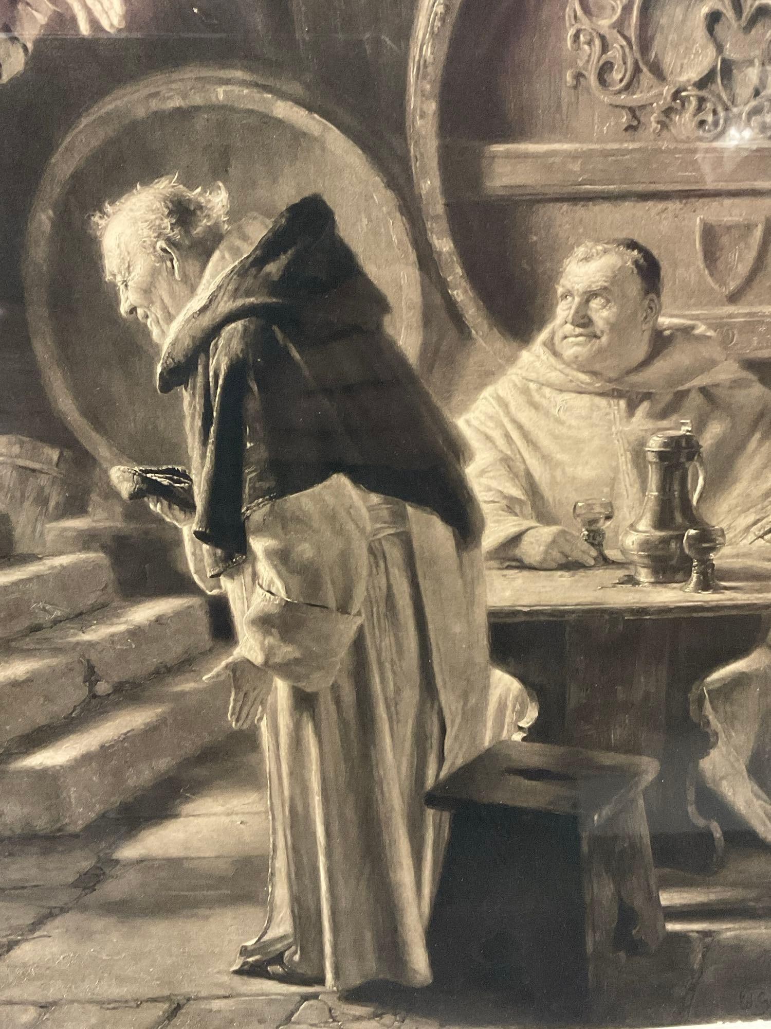 Framed Litho 1896, Monks in the Wine Cellar by Franz Hantstaengl, 29h x 25w x 4d inches - 4