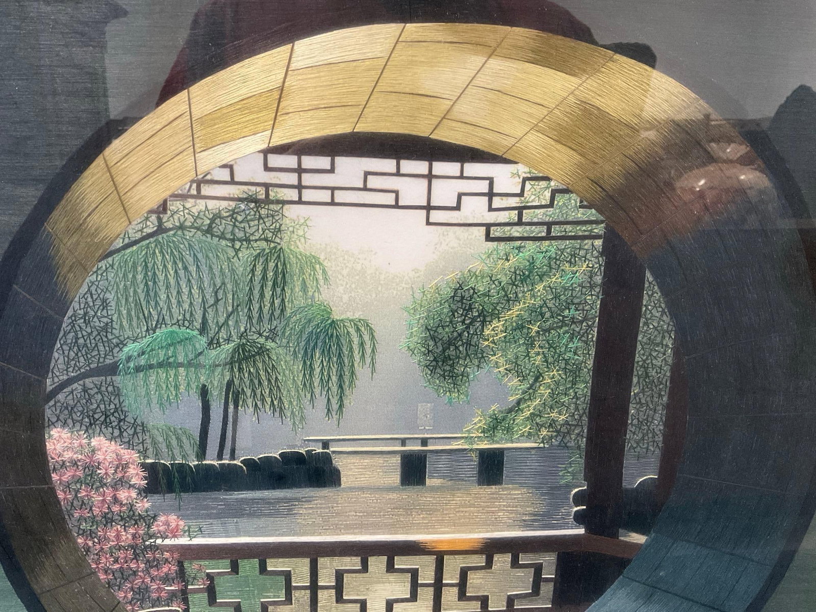 Framed Handmade Chinese Suzhou Silk Embroidery, Moon Gate - 2