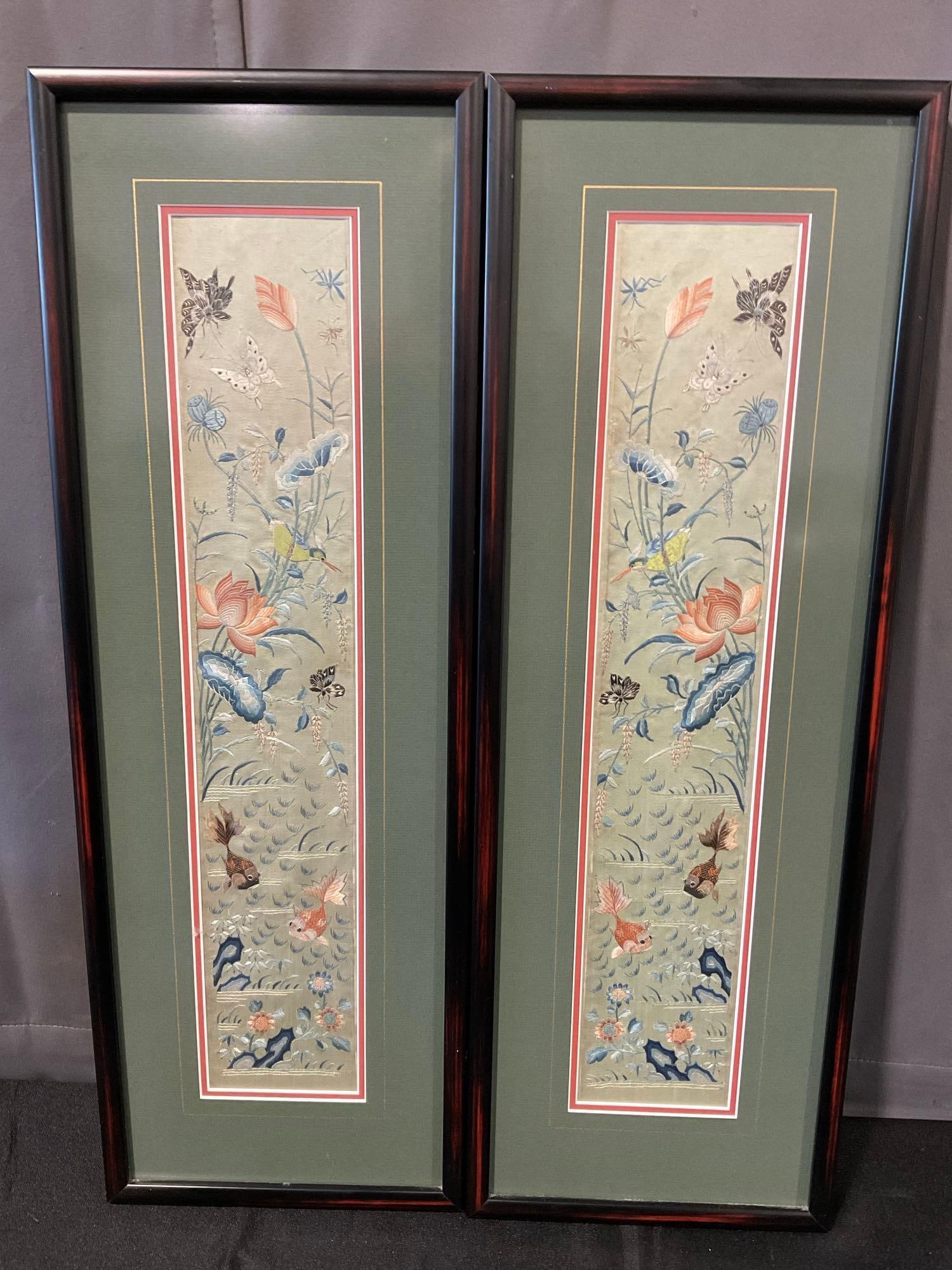 Pair of Framed Silk Embroidered Sleeves from Japanese Priest Robe, Lovely Floral & Bug design: Appears to be in good shape. The piece measures approx 28h x 10w x 4d inches. See pics. E-6080