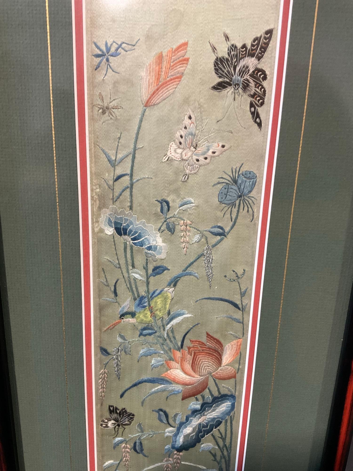 Pair of Framed Silk Embroidered Sleeves from Japanese Priest Robe, Lovely Floral & Bug design - 2