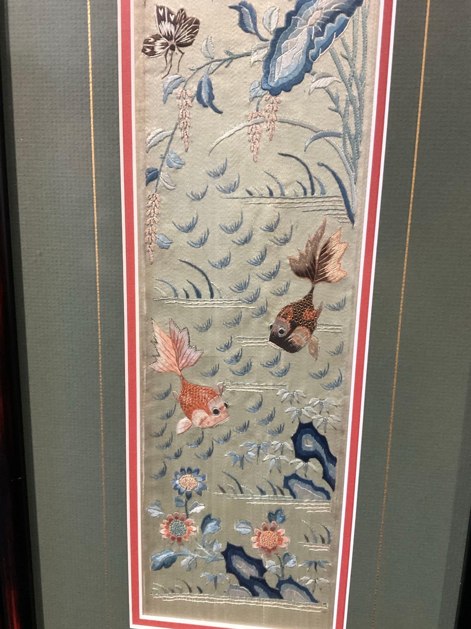 Pair of Framed Silk Embroidered Sleeves from Japanese Priest Robe, Lovely Floral & Bug design - 3
