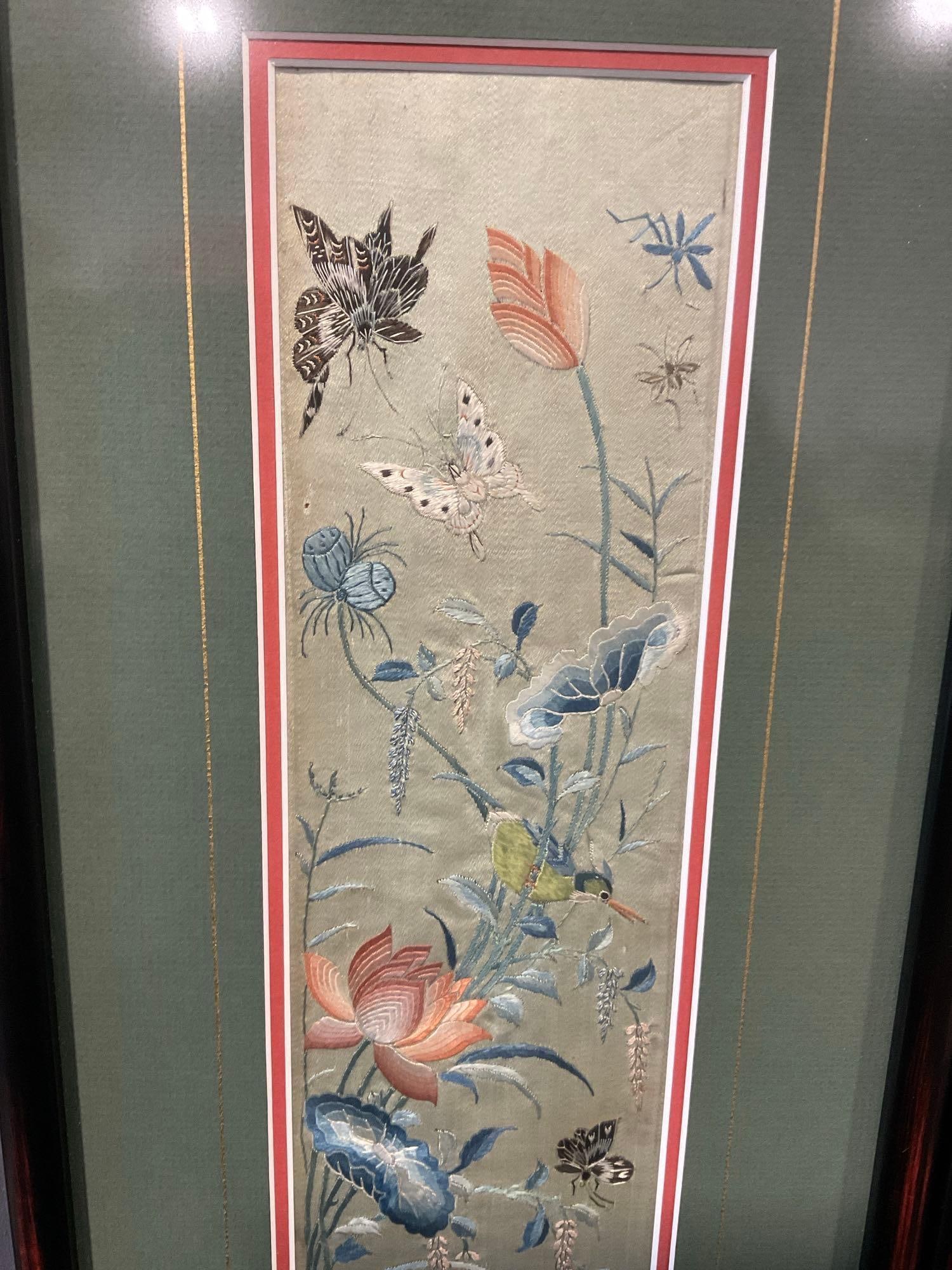 Pair of Framed Silk Embroidered Sleeves from Japanese Priest Robe, Lovely Floral & Bug design - 4
