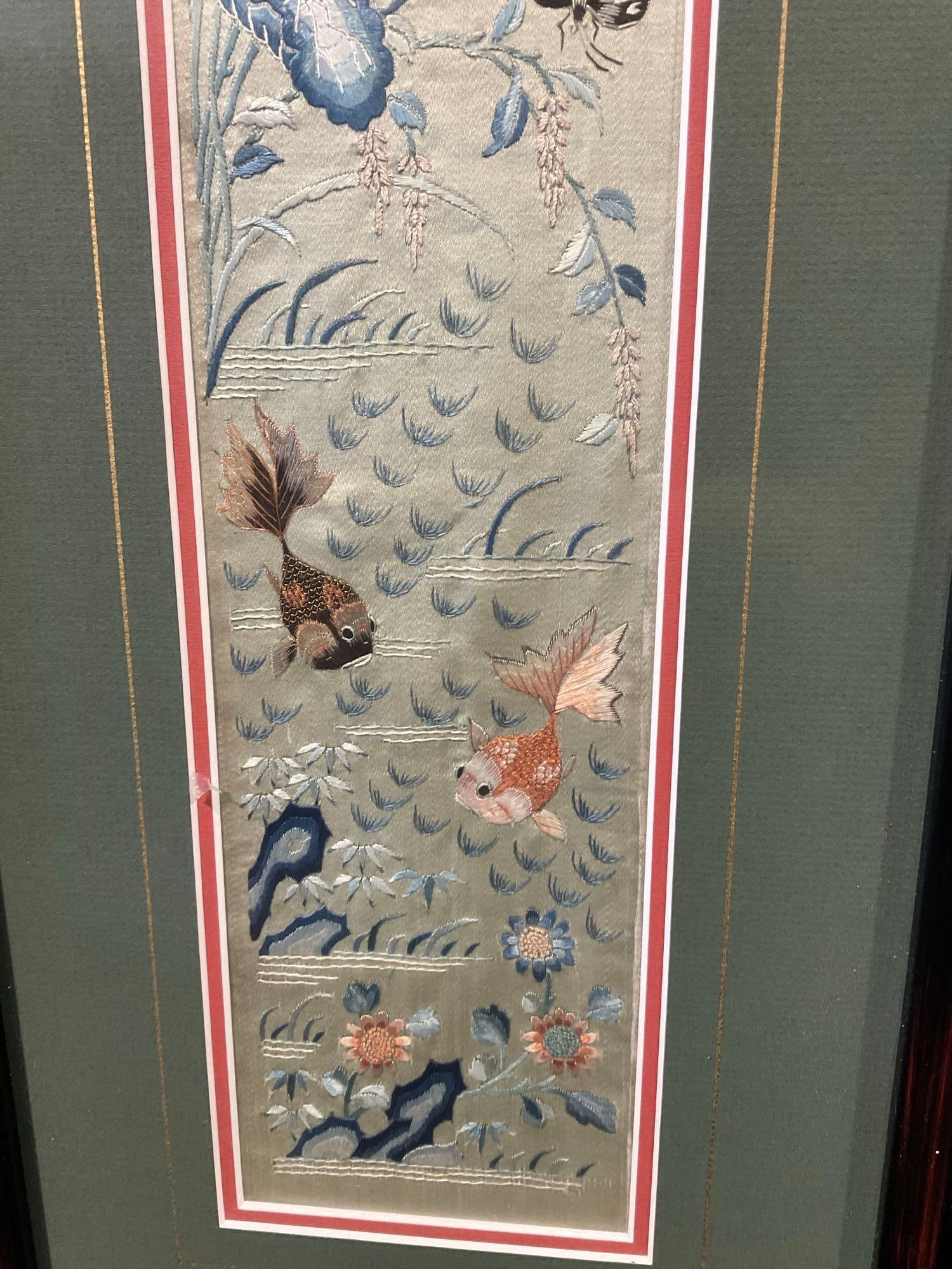 Pair of Framed Silk Embroidered Sleeves from Japanese Priest Robe, Lovely Floral & Bug design - 5