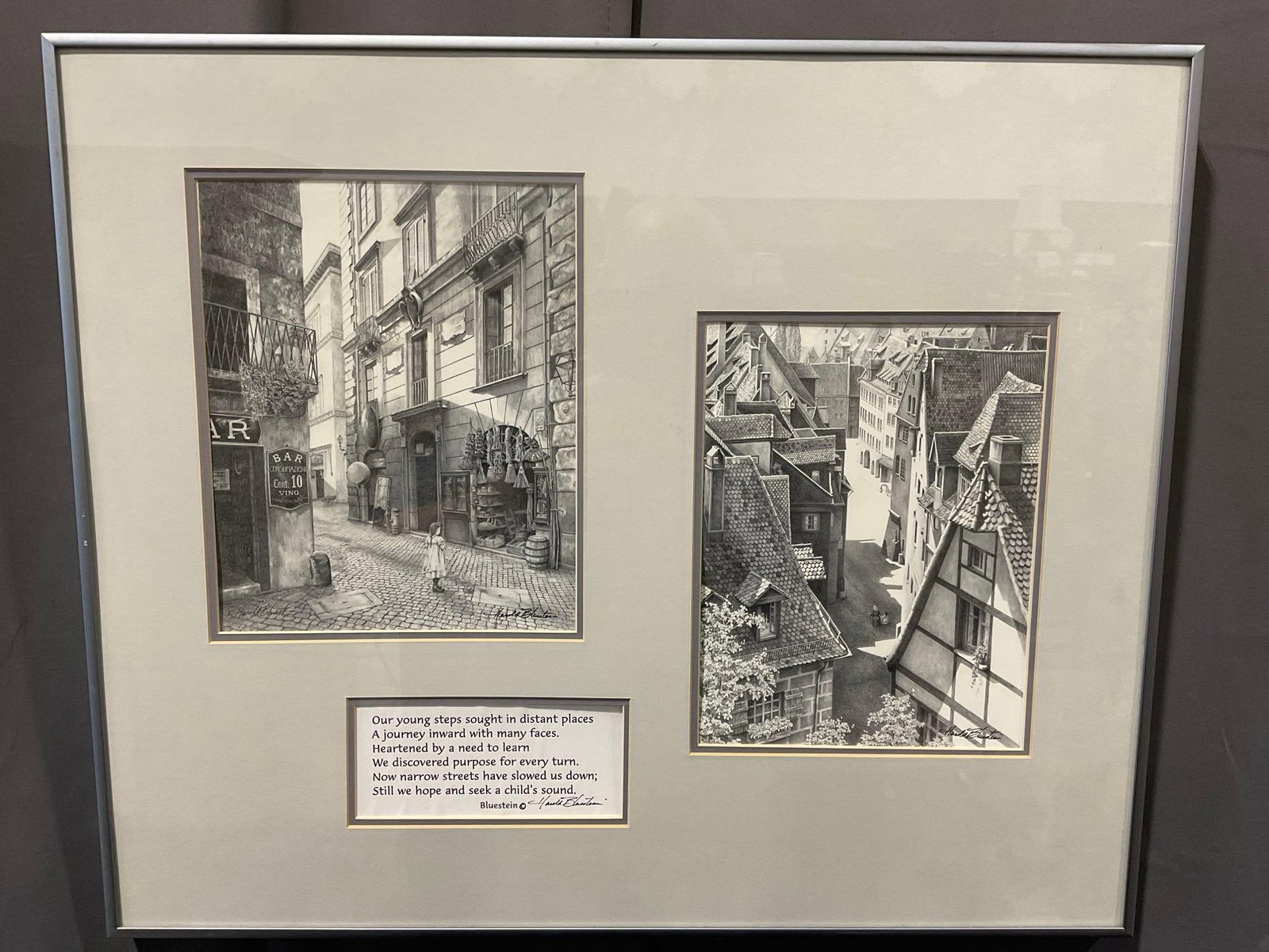 Framed 2 Signed Prints & Quote, 2 Italian City Street Scenes by Harold Bluestein , 21x25 inches: Bio on the back of the piece. Appears to be in good shape. The piece measures approx 21h x 25w x 3d inches. See pics. E-6080