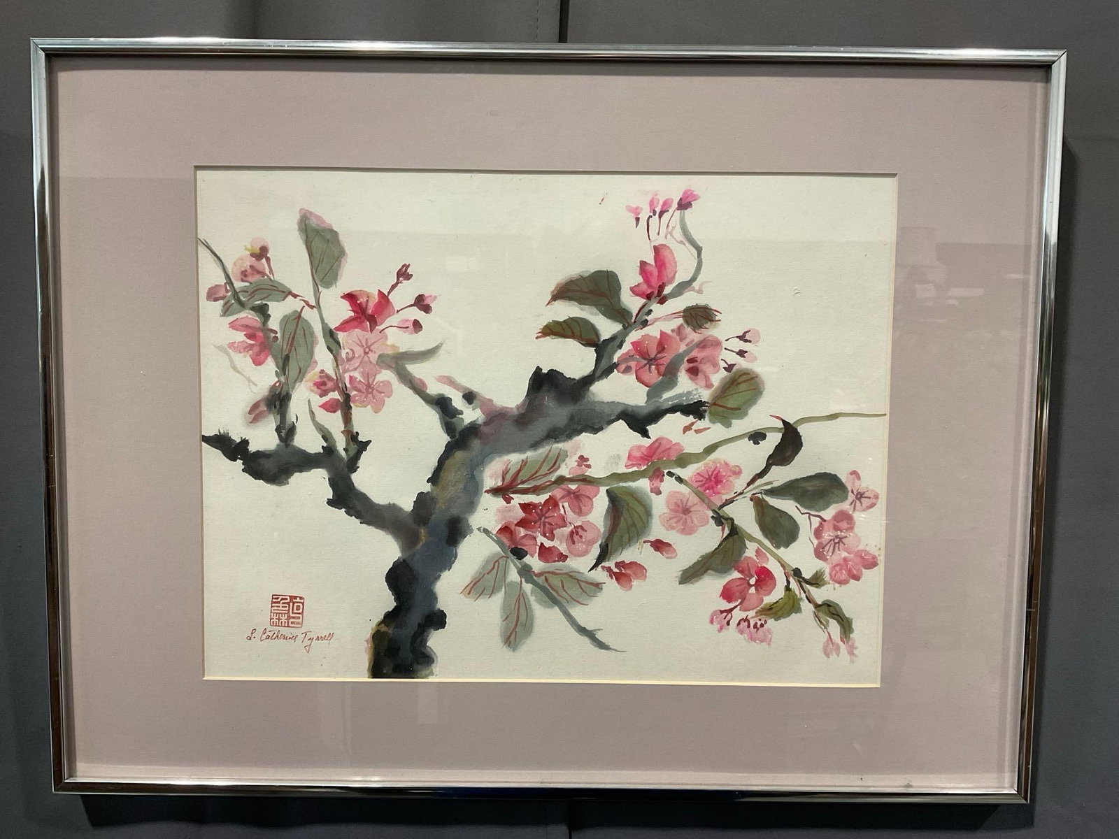 Framed Japanese Style Watercolor, Cherry Blossom Tree by S. Catherine Tyrrell, 19x25 inches: Appears to be in good shape. The piece measures approx 19h x 25w x 3d inches. See pics. E-6080