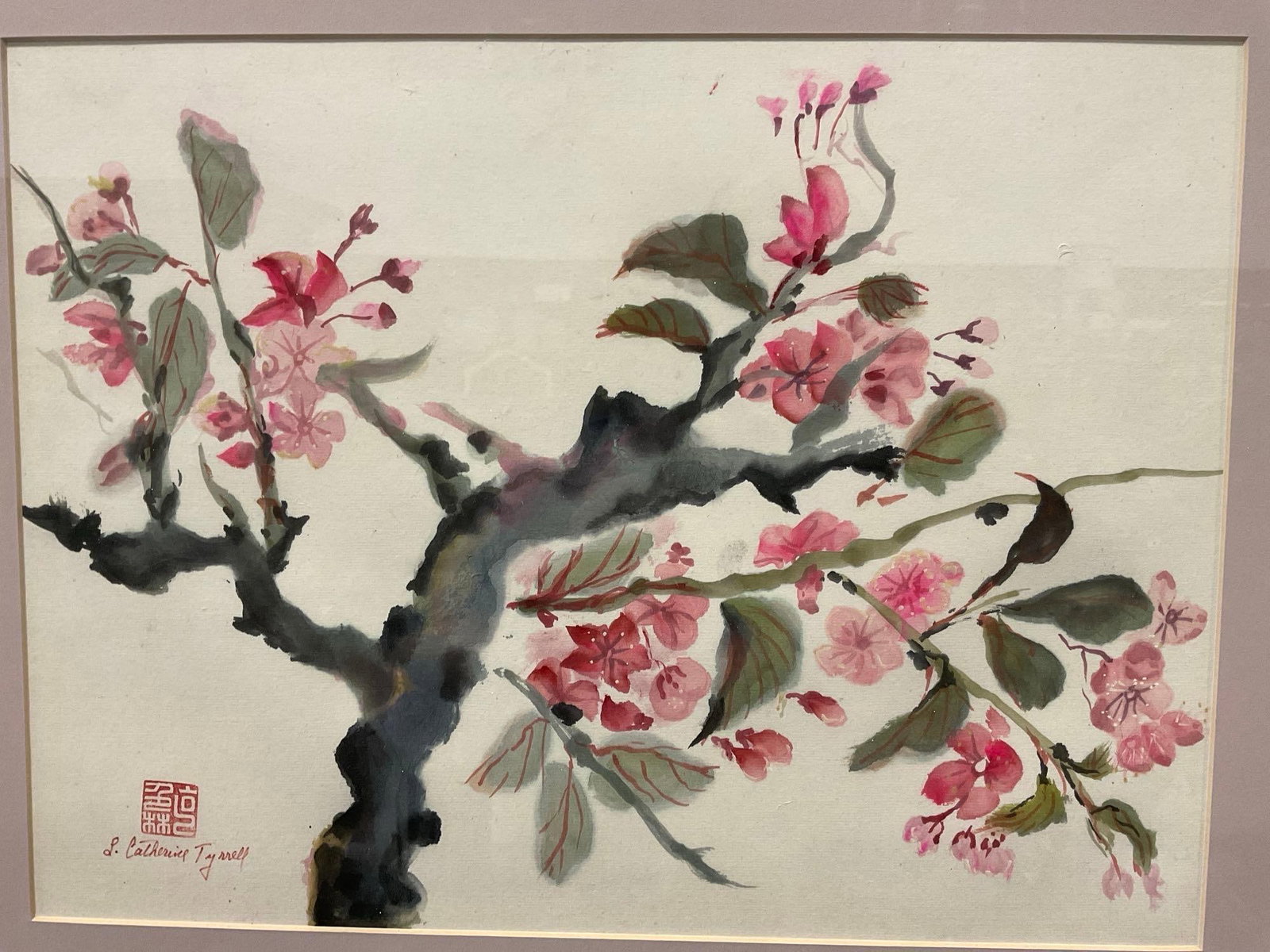 Framed Japanese Style Watercolor, Cherry Blossom Tree by S. Catherine Tyrrell, 19x25 inches - 2