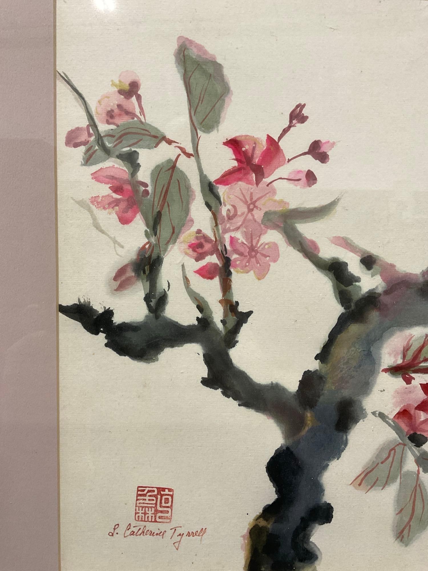 Framed Japanese Style Watercolor, Cherry Blossom Tree by S. Catherine Tyrrell, 19x25 inches - 3