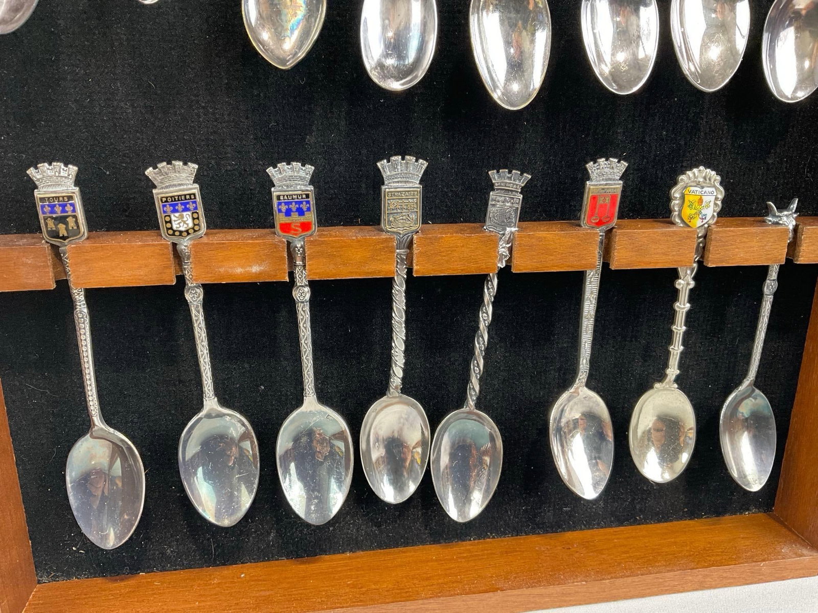 Pair of Spoon Holder Shadowboxes, full of variety of novelty spoons, French, German & more - 3