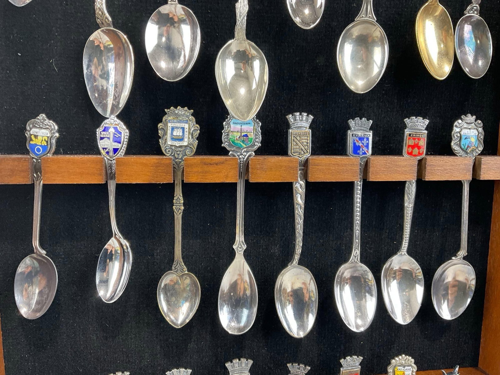 Pair of Spoon Holder Shadowboxes, full of variety of novelty spoons, French, German & more - 4