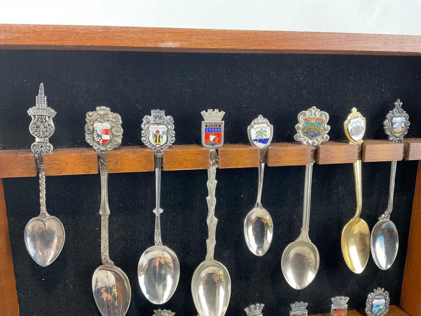Pair of Spoon Holder Shadowboxes, full of variety of novelty spoons, French, German & more - 5