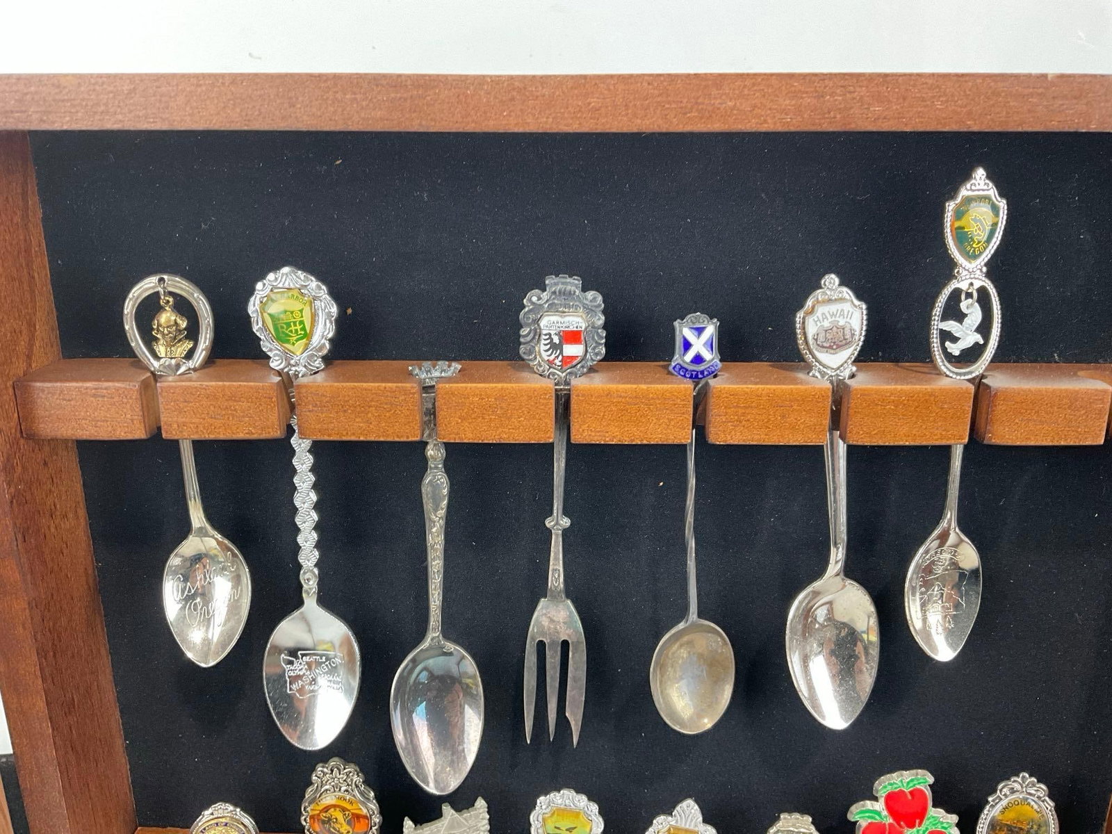 Pair of Spoon Holder Shadowboxes, full of variety of novelty spoons, French, German & more - 7