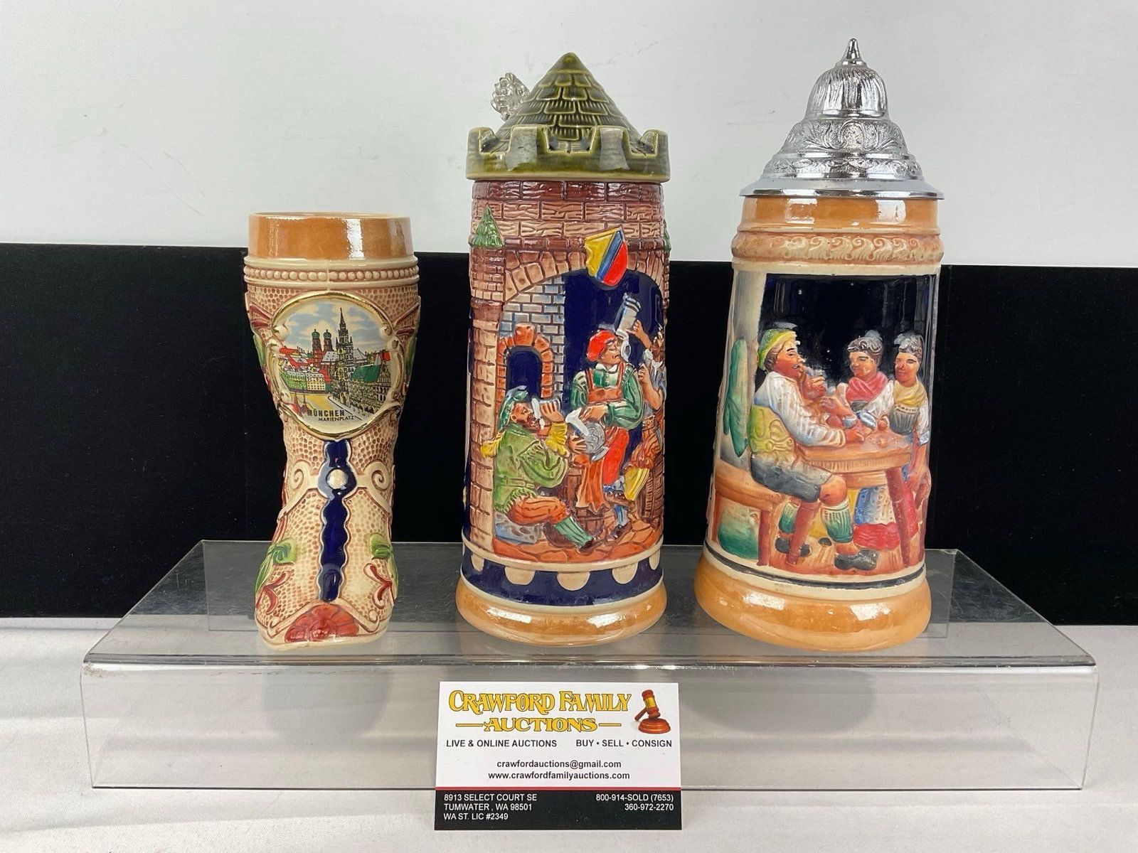 3 West German Stoneware Steins, Gerz & Gerzit, 1 Boot shaped, 2 w/lids: Appears to be in good shape. The piece measures approx 7h x 12w x 10d inches. See pics. E-6090