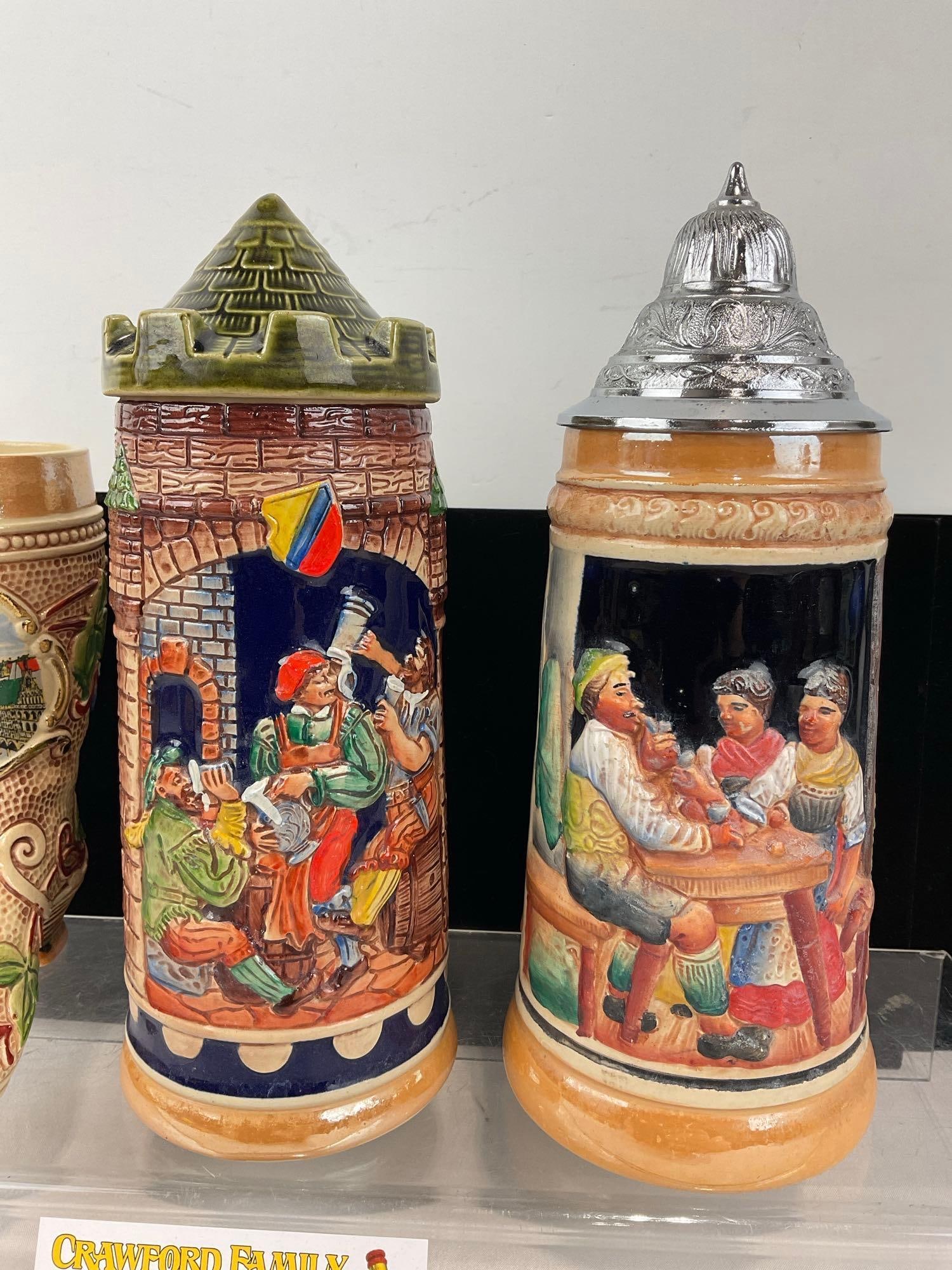 3 West German Stoneware Steins, Gerz & Gerzit, 1 Boot shaped, 2 w/lids - 3