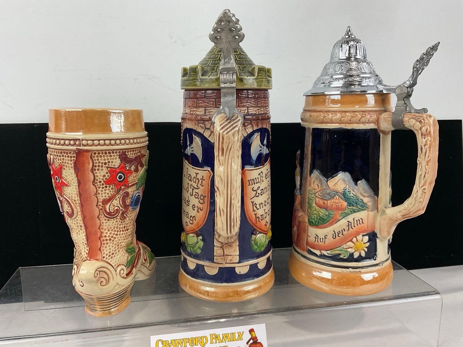 3 West German Stoneware Steins, Gerz & Gerzit, 1 Boot shaped, 2 w/lids - 4