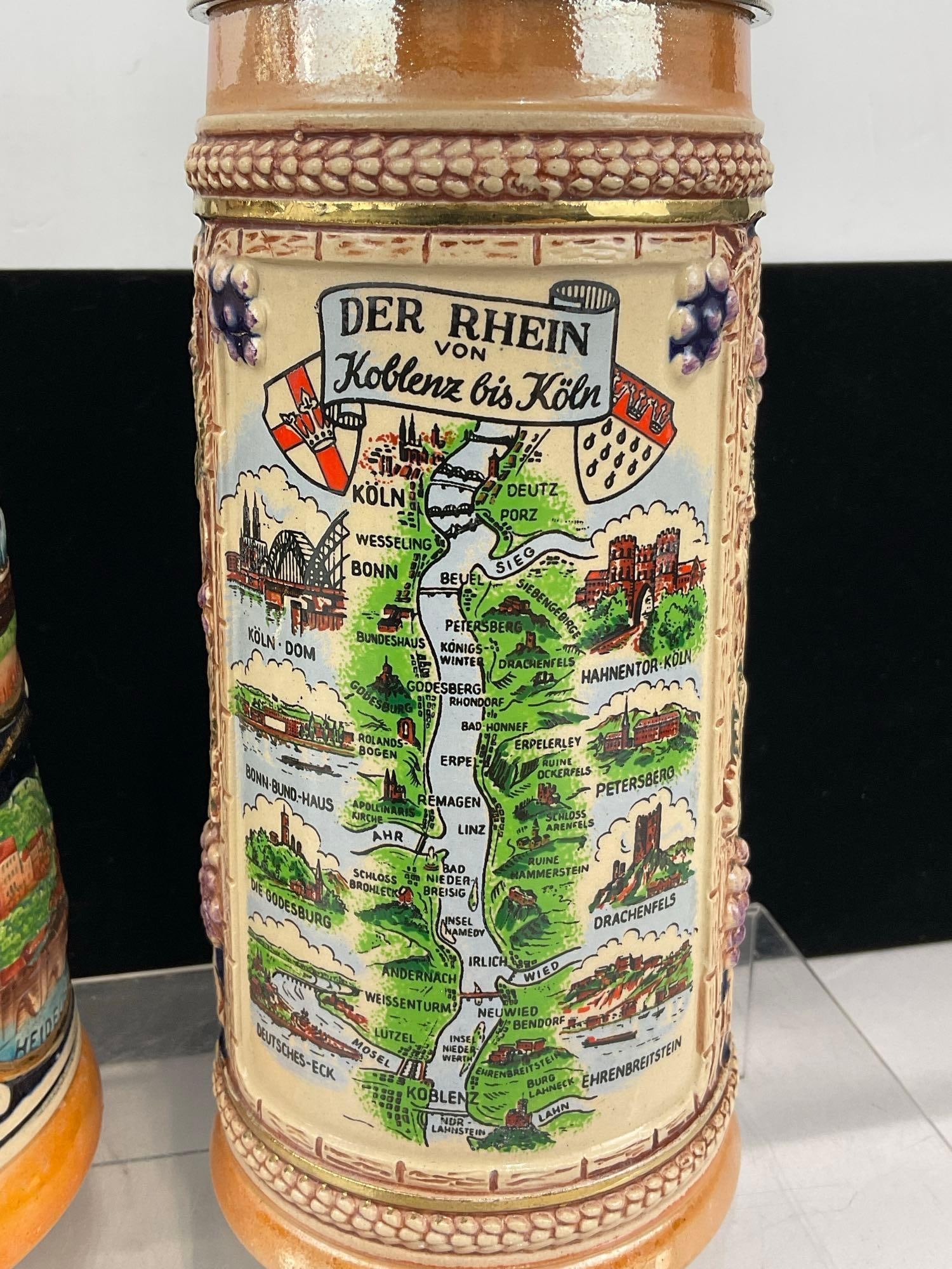 3 West Germany Stoneware Gerz Steins w/Pewter Lids, Cobalted Glaze, German Scenes - 2