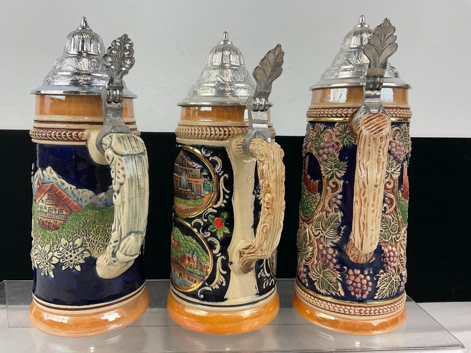 3 West Germany Stoneware Gerz Steins w/Pewter Lids, Cobalted Glaze, German Scenes - 3