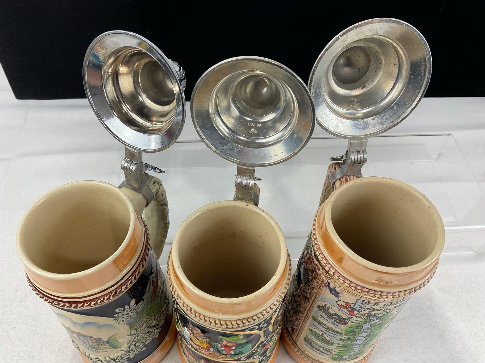 3 West Germany Stoneware Gerz Steins w/Pewter Lids, Cobalted Glaze, German Scenes - 5