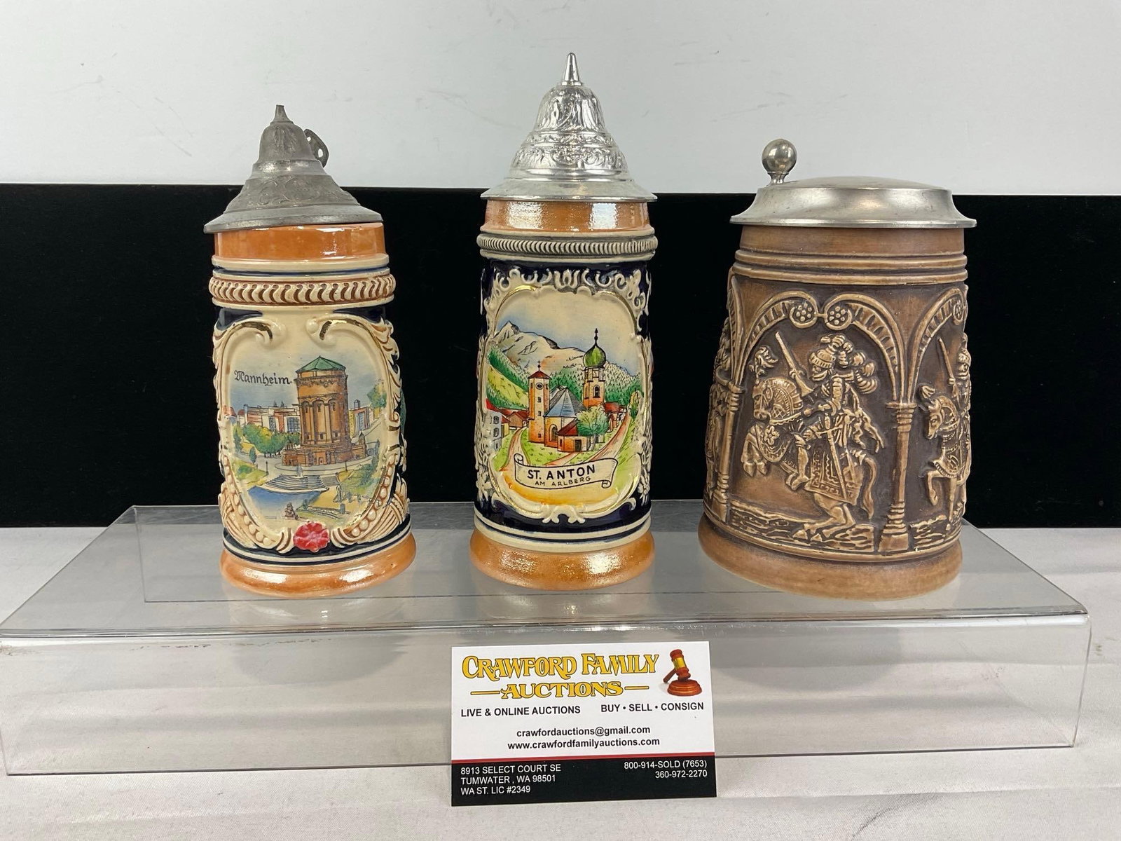Set of 3 West German Stoneware Steins w/Pewter Lids, Mannheim, St. Anton am Arlberg & Knight desi...: Appears to be in good shape. The piece measures approx 7h x 12w x 10d inches. See pics. E-6090