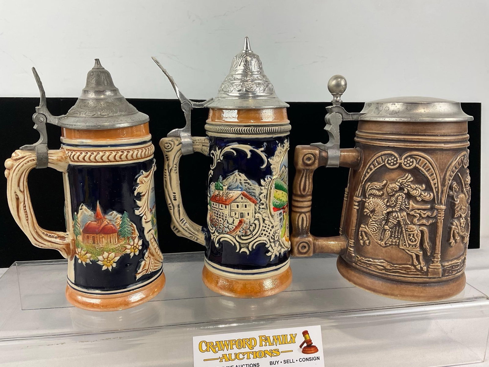 Set of 3 West German Stoneware Steins w/Pewter Lids, Mannheim, St. Anton am Arlberg & Knight desi... - 2