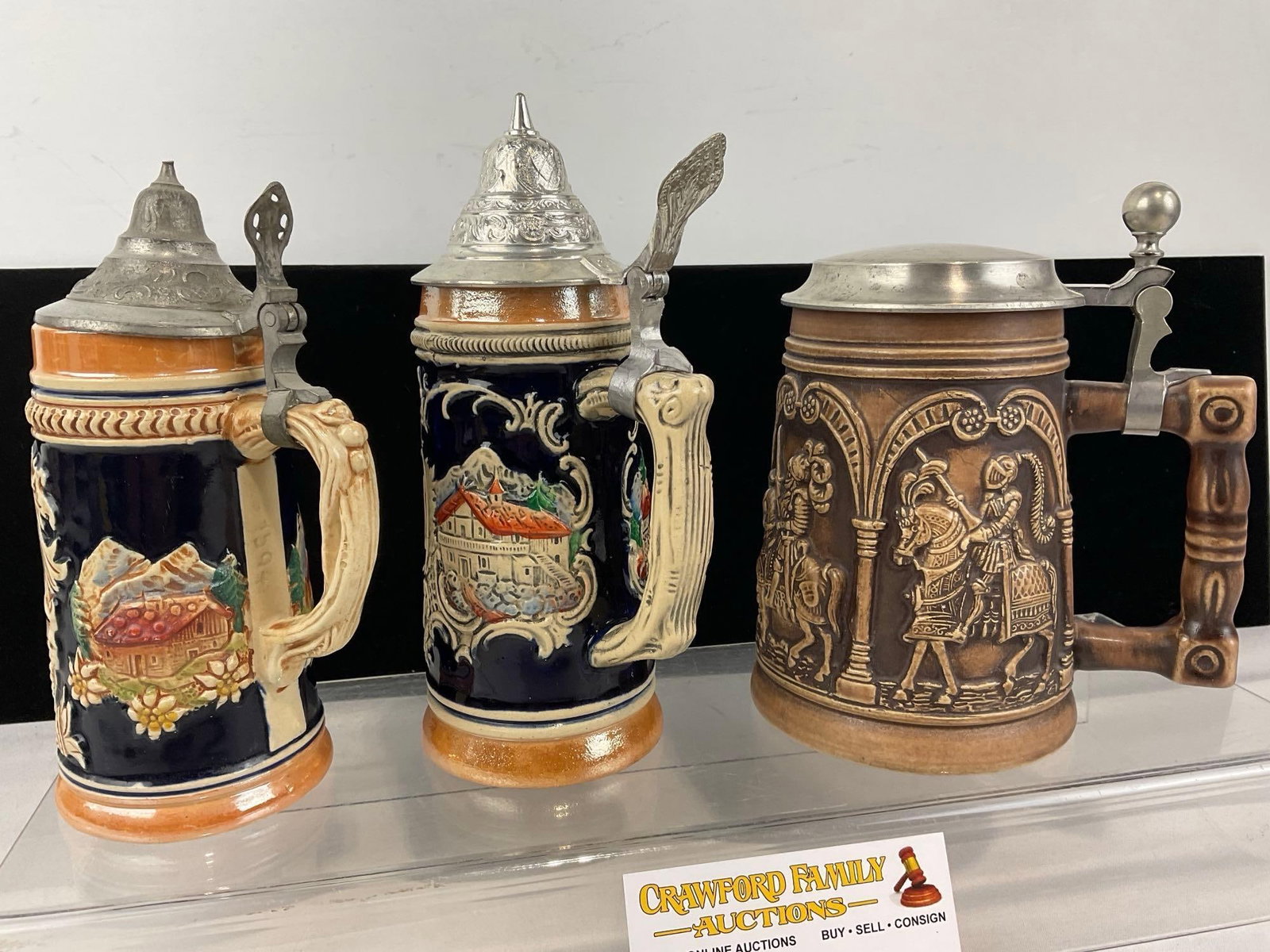 Set of 3 West German Stoneware Steins w/Pewter Lids, Mannheim, St. Anton am Arlberg & Knight desi... - 3