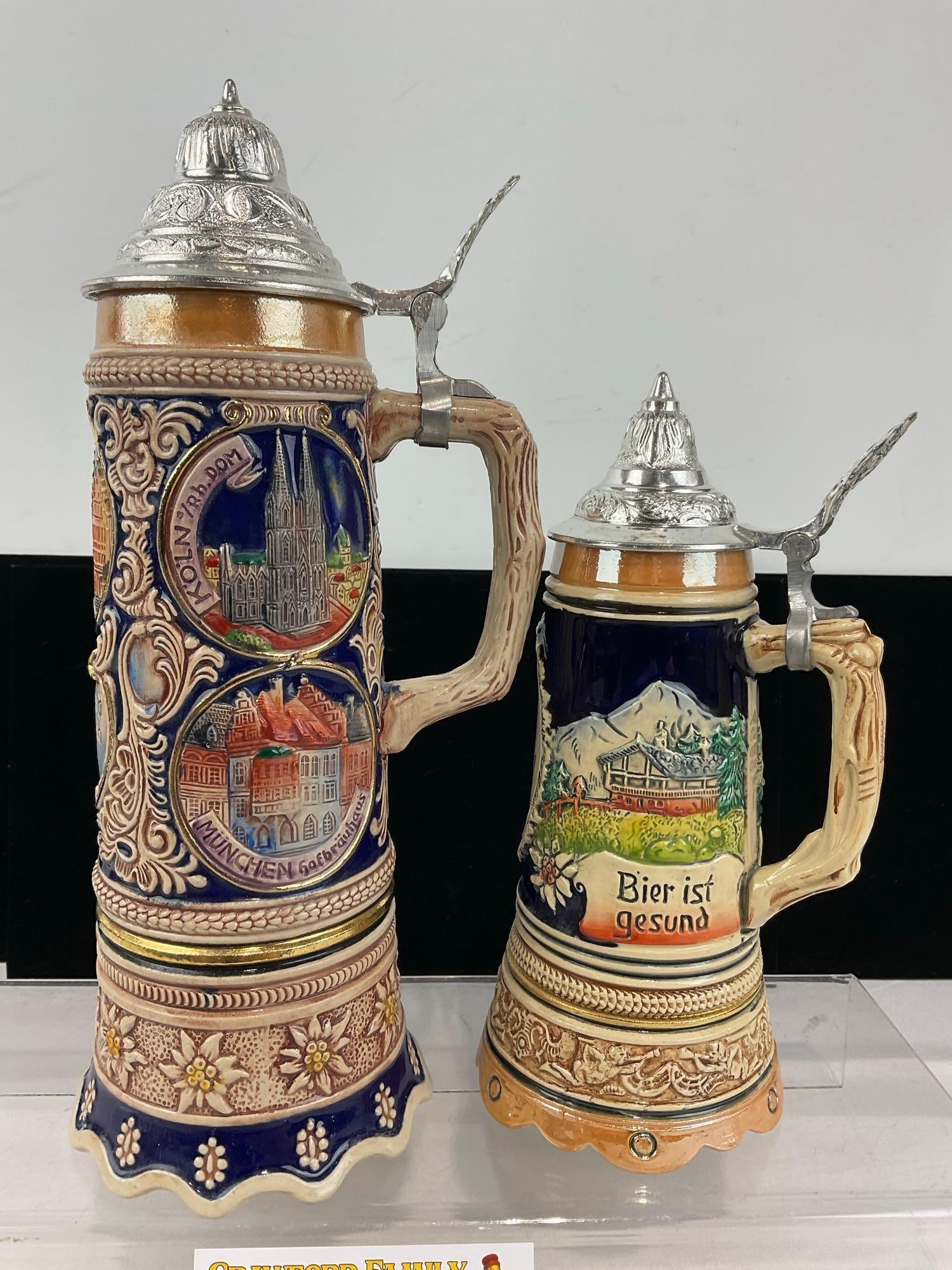 Pair of Musical Box Stoneware Steins, 1x Superstar Switzerland larger w/Frankfurt on front & Munc... - 3
