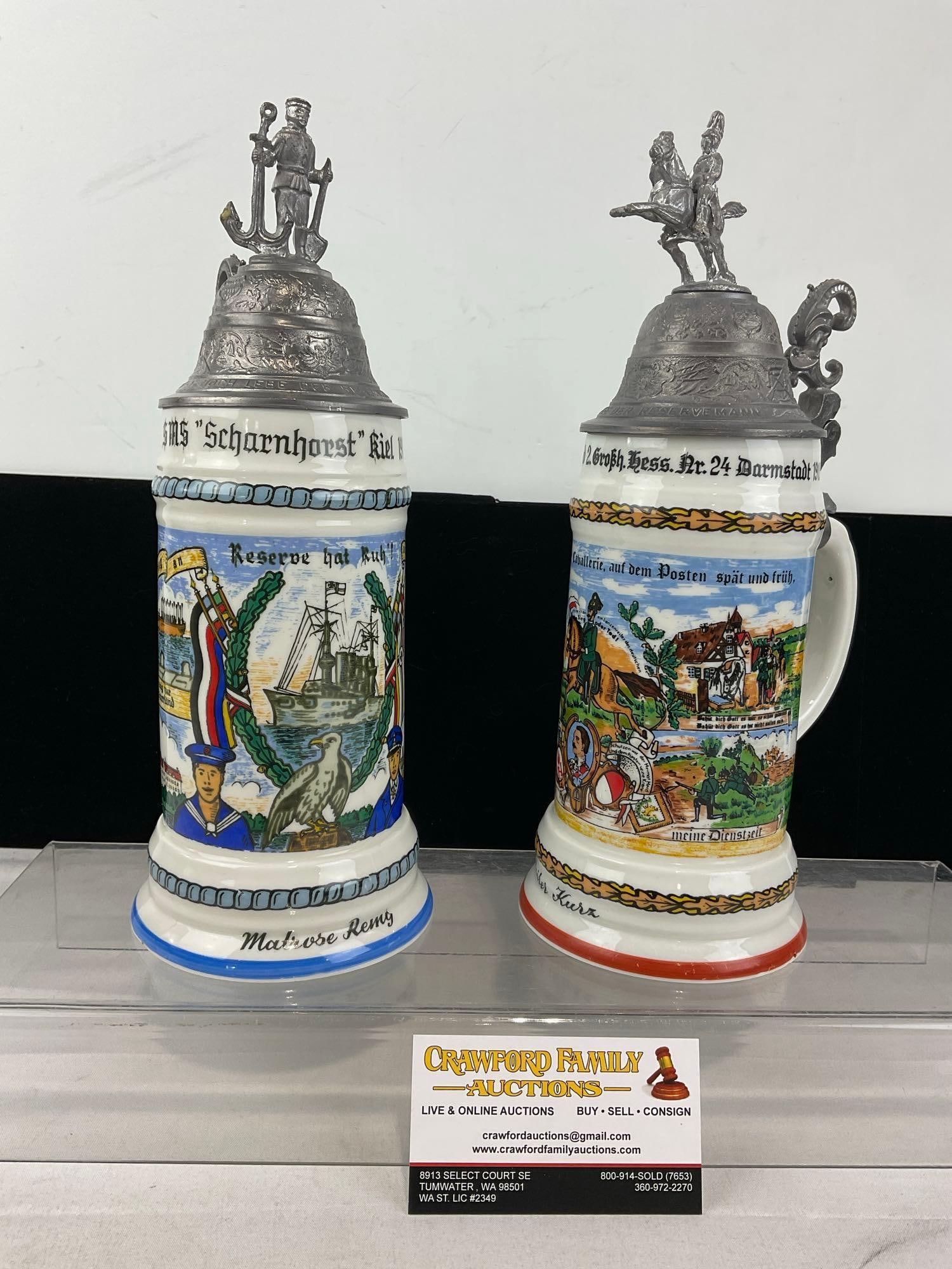 Pair of German Steins, German Empire 1910s Navy & Cavalry Designs, Ornate Pewter Lids: Appears to be in good shape. The piece measures approx 12h x 10w x 7d inches. See pics. E-6090