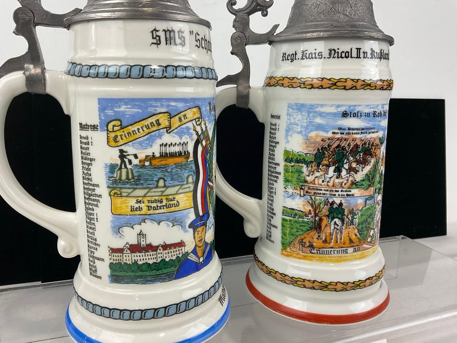 Pair of German Steins, German Empire 1910s Navy & Cavalry Designs, Ornate Pewter Lids - 2