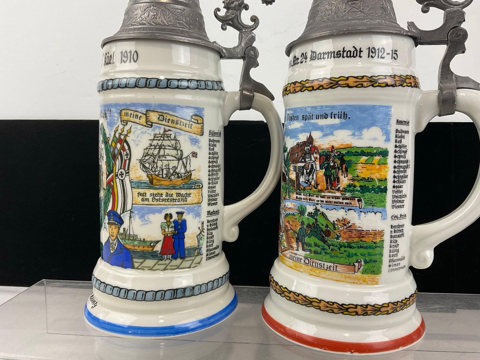 Pair of German Steins, German Empire 1910s Navy & Cavalry Designs, Ornate Pewter Lids - 3