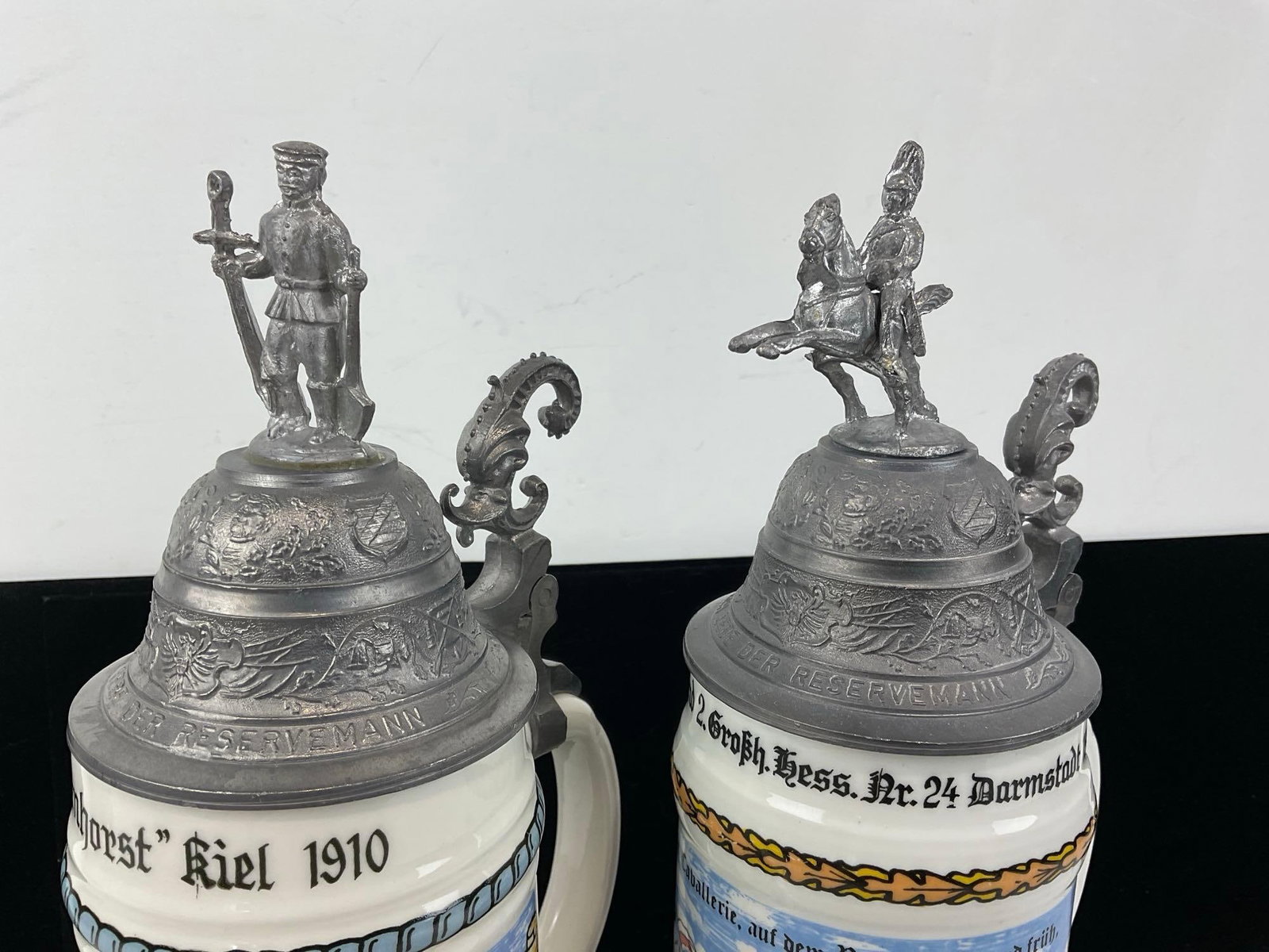 Pair of German Steins, German Empire 1910s Navy & Cavalry Designs, Ornate Pewter Lids - 4
