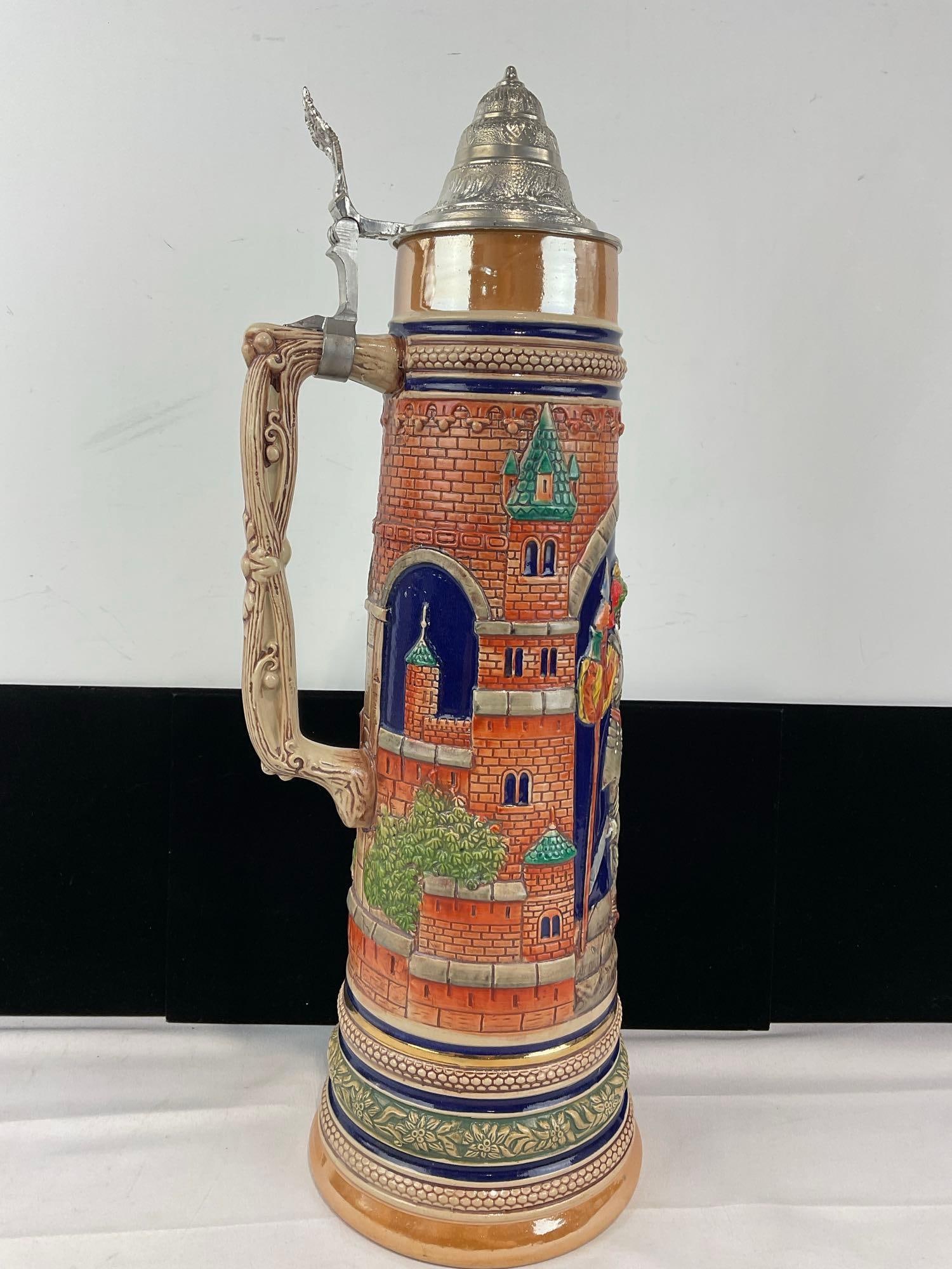 Huge 3 Liter West German Gerz Stoneware Stein, Handpainted High-Relief Lovers Scene - 2