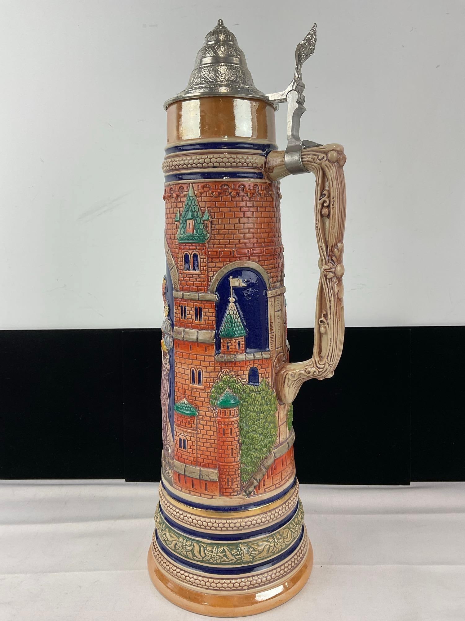 Huge 3 Liter West German Gerz Stoneware Stein, Handpainted High-Relief Lovers Scene - 3