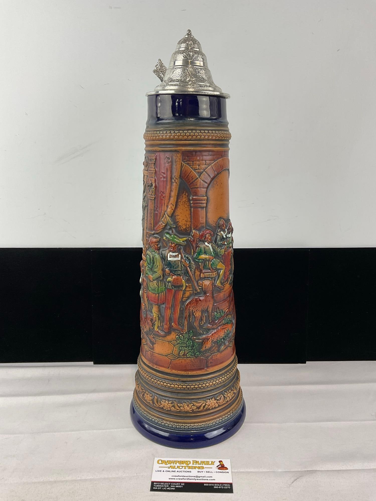 Huge 3 Liter West German Gerz Stoneware Stein, Handpainted High-Relief Hunting Feast Scene (1 of 6)