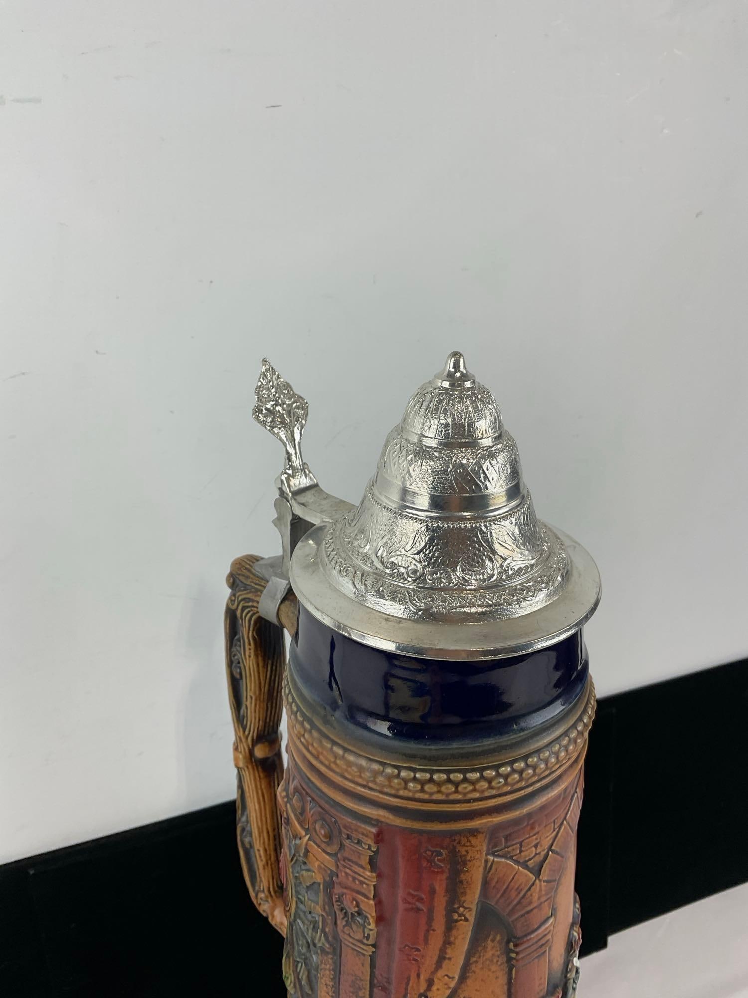 Huge 3 Liter West German Gerz Stoneware Stein, Handpainted High-Relief Hunting Feast Scene - 2
