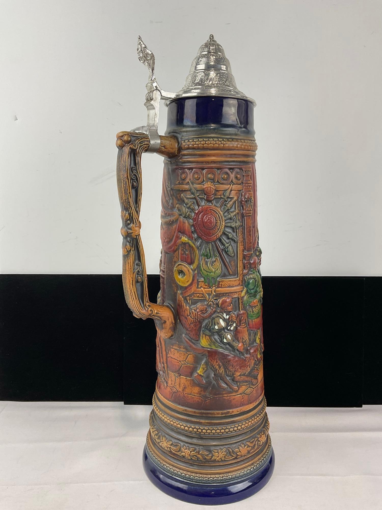Huge 3 Liter West German Gerz Stoneware Stein, Handpainted High-Relief Hunting Feast Scene - 3