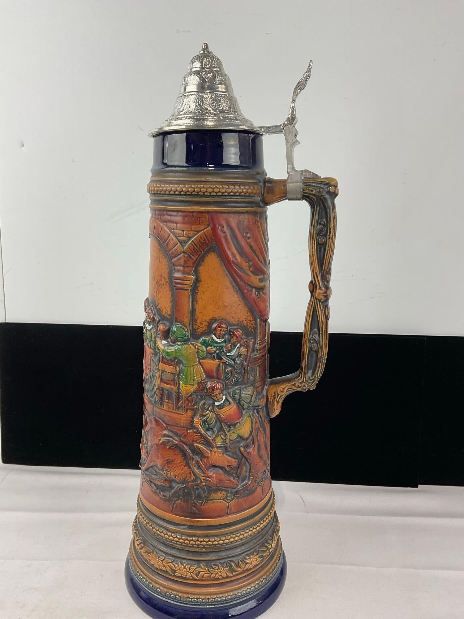 Huge 3 Liter West German Gerz Stoneware Stein, Handpainted High-Relief Hunting Feast Scene - 4