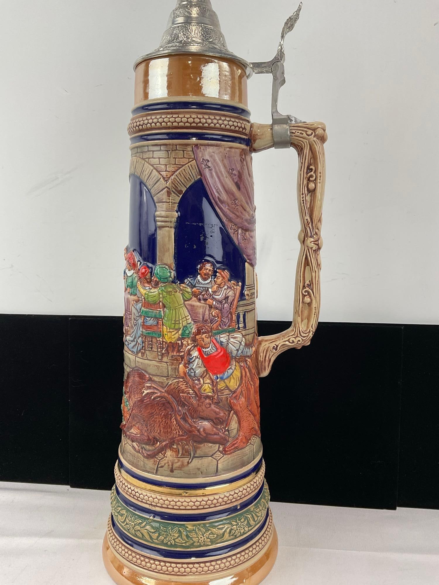 Huge 3 Liter West German Gerz Stoneware Stein, Handpainted High-Relief Hunting Scene - 2