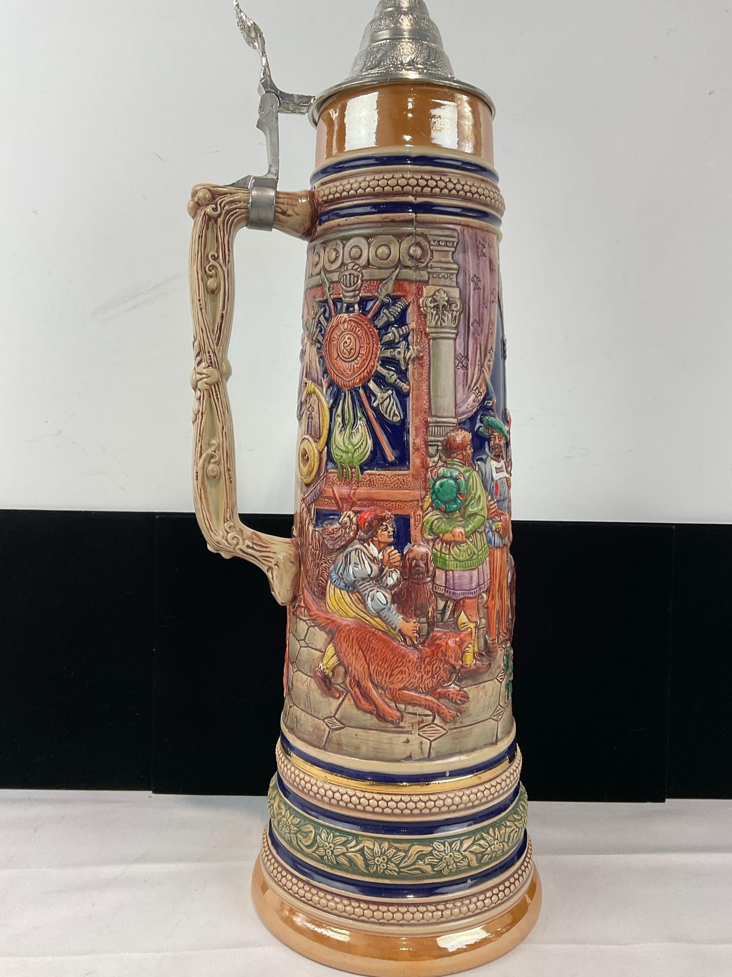 Huge 3 Liter West German Gerz Stoneware Stein, Handpainted High-Relief Hunting Scene - 3