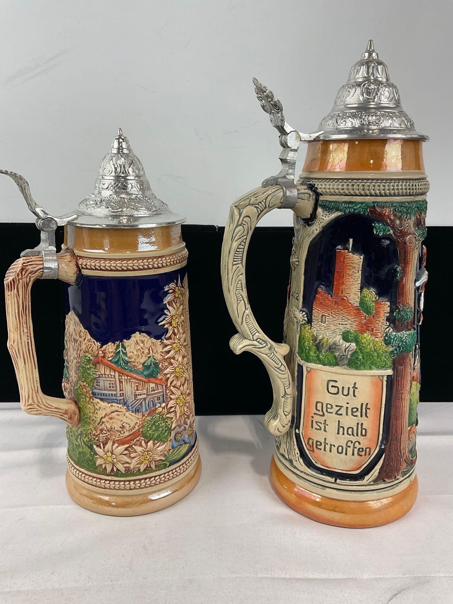 Pair of West German Stoneware Steins, w/pewter lids, Stuttgart & Hunting Scene - 2