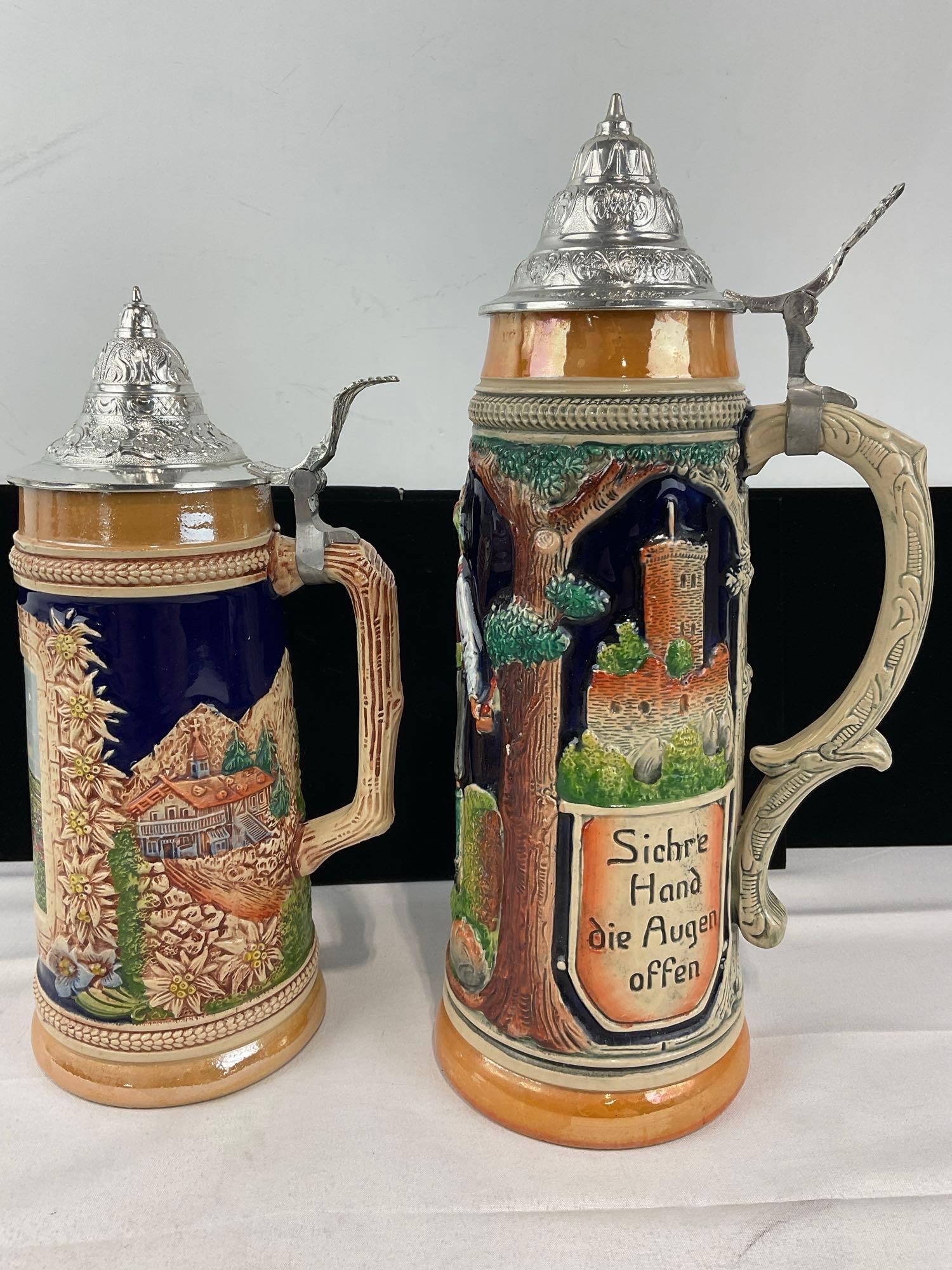 Pair of West German Stoneware Steins, w/pewter lids, Stuttgart & Hunting Scene - 3