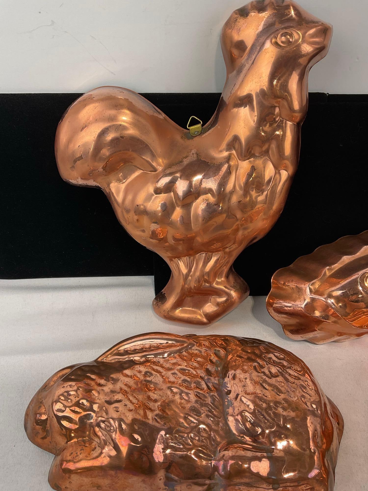 4 Coppered Jelly Molds, Rooster, Bunny, & Pair of Fish Shaped pieces, made in Korea - 2
