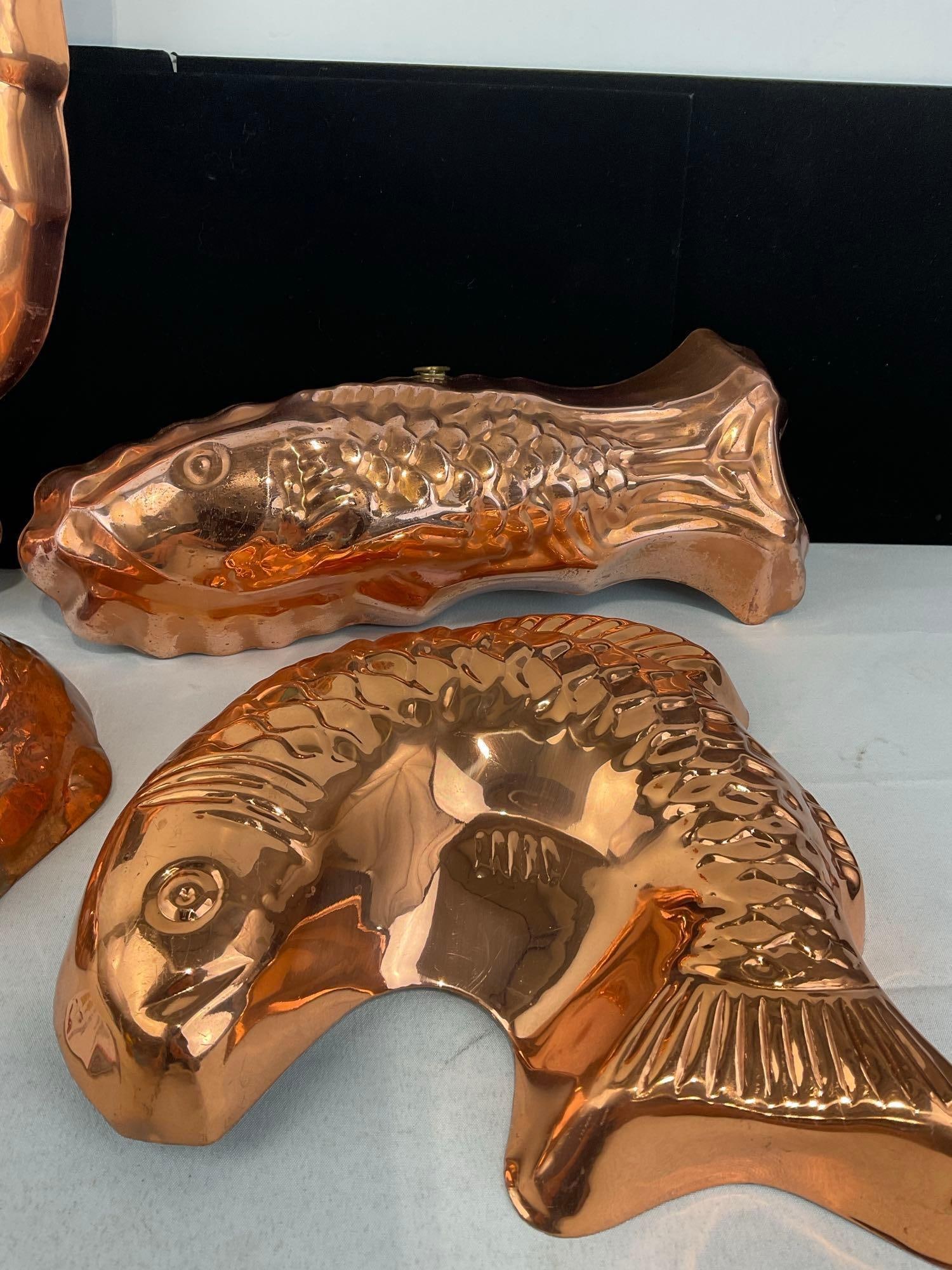 4 Coppered Jelly Molds, Rooster, Bunny, & Pair of Fish Shaped pieces, made in Korea - 3